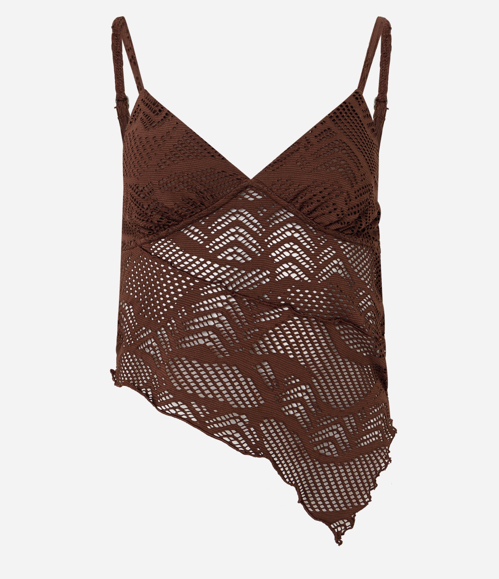 Blusa em Renda Texturizada com Alças Finas e Barra Assimétrica Marrom 4