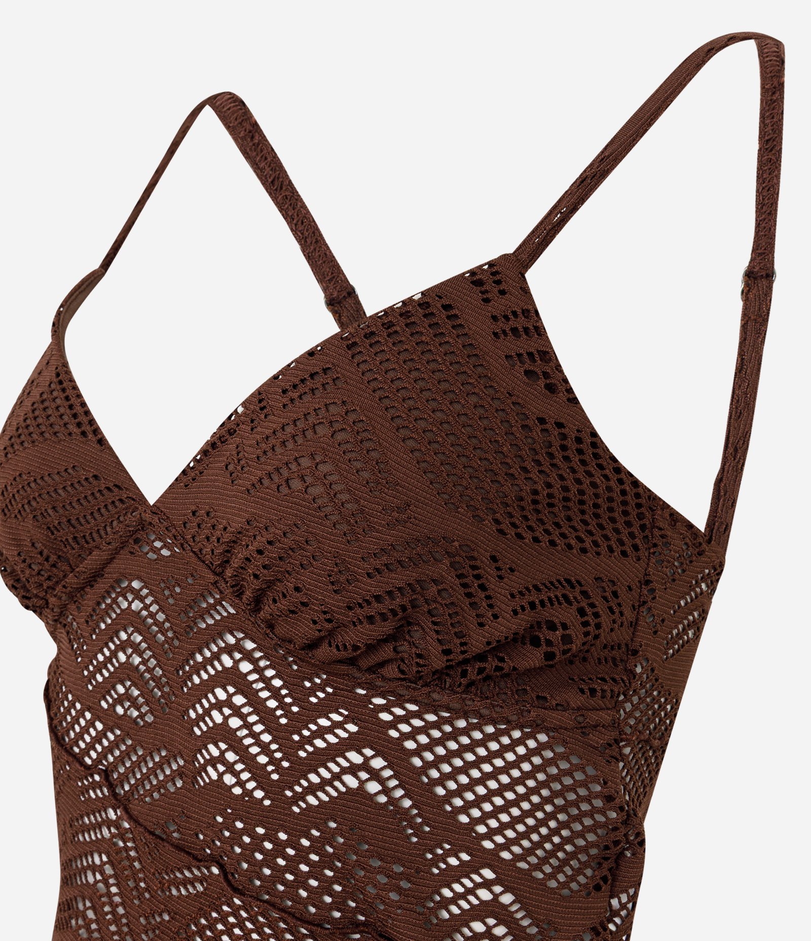 Blusa em Renda Texturizada com Alças Finas e Barra Assimétrica Marrom 5