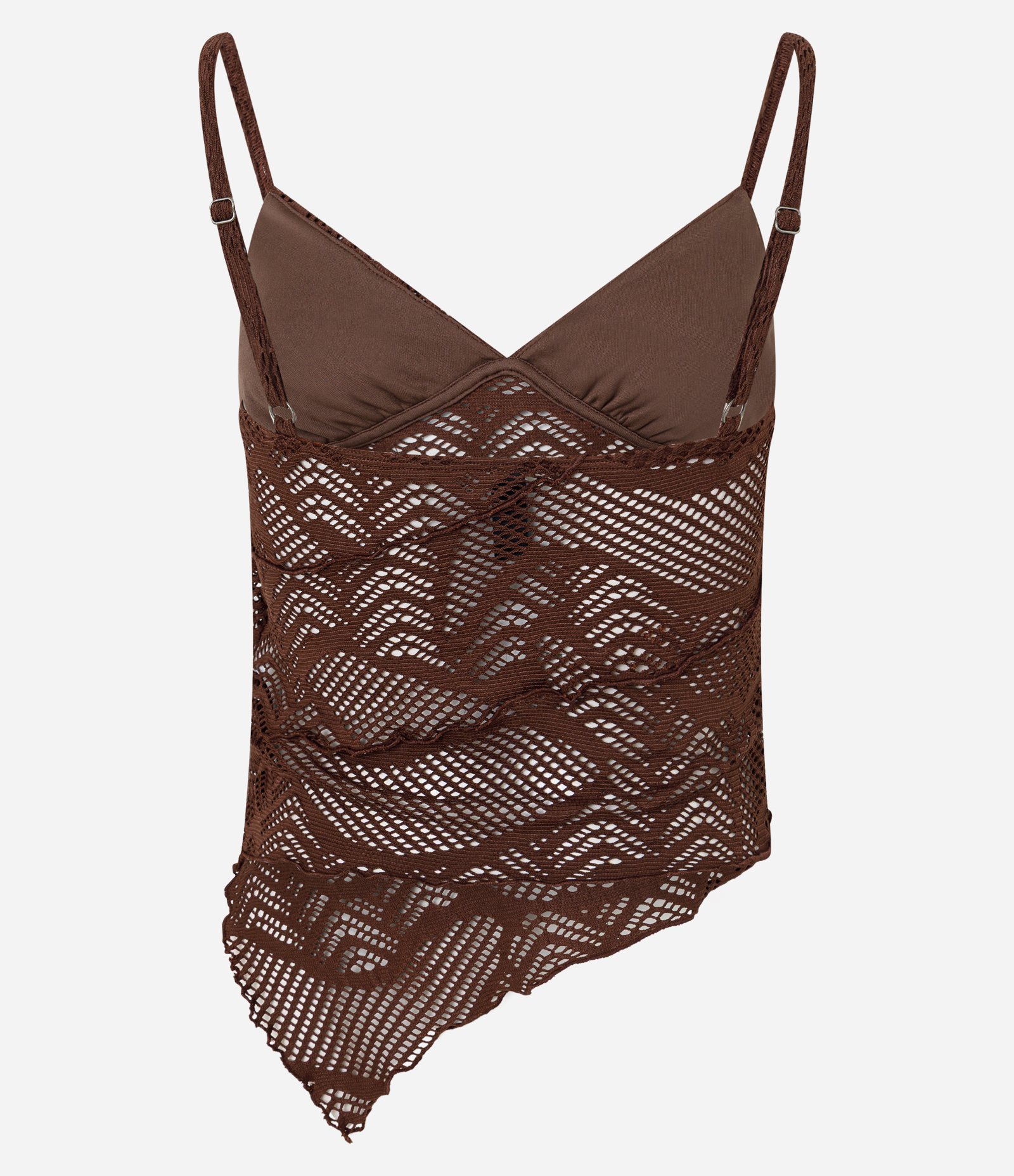 Blusa em Renda Texturizada com Alças Finas e Barra Assimétrica Marrom 6