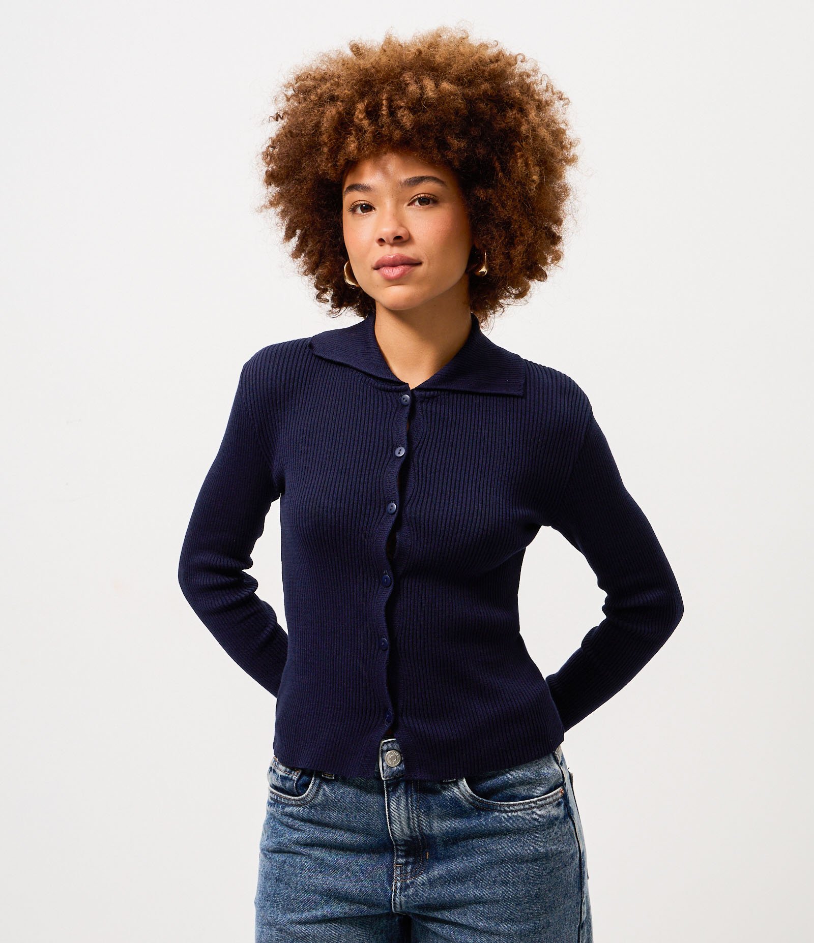 Cardigan em Tricô com Gola Polo Azul Escuro 1