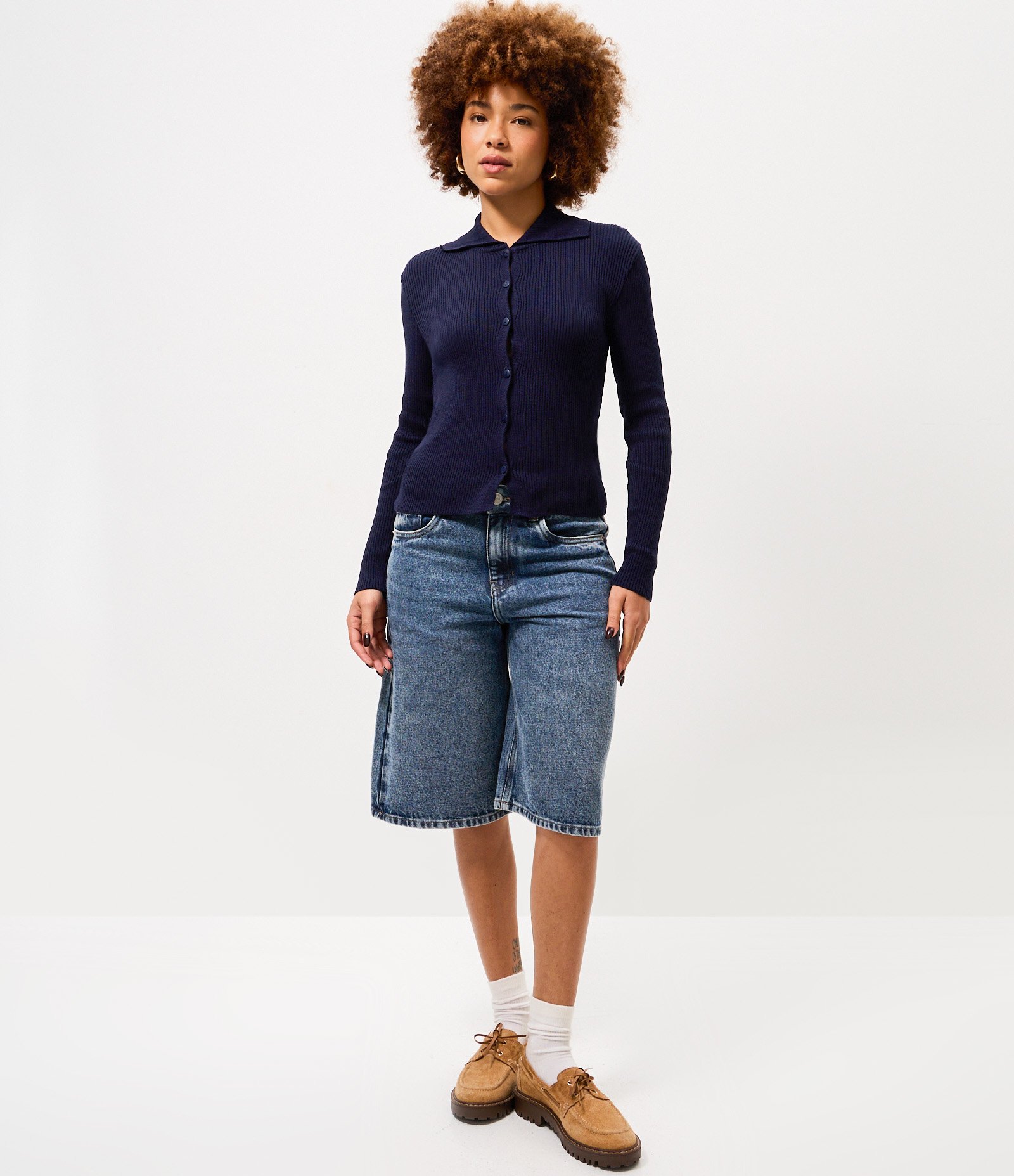 Cardigan em Tricô com Gola Polo Azul Escuro 2