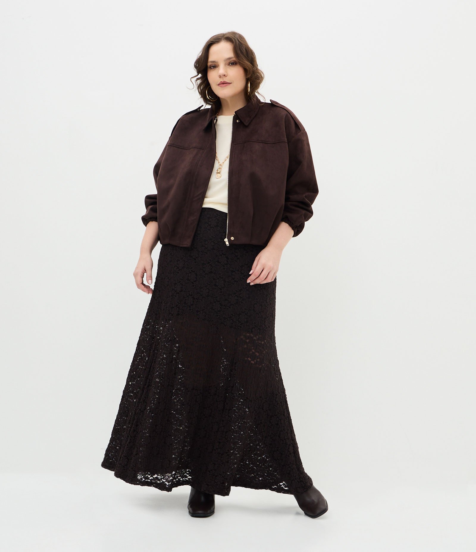 Saia Longa com Textura Floral Curve & Plus Size Marrom 1