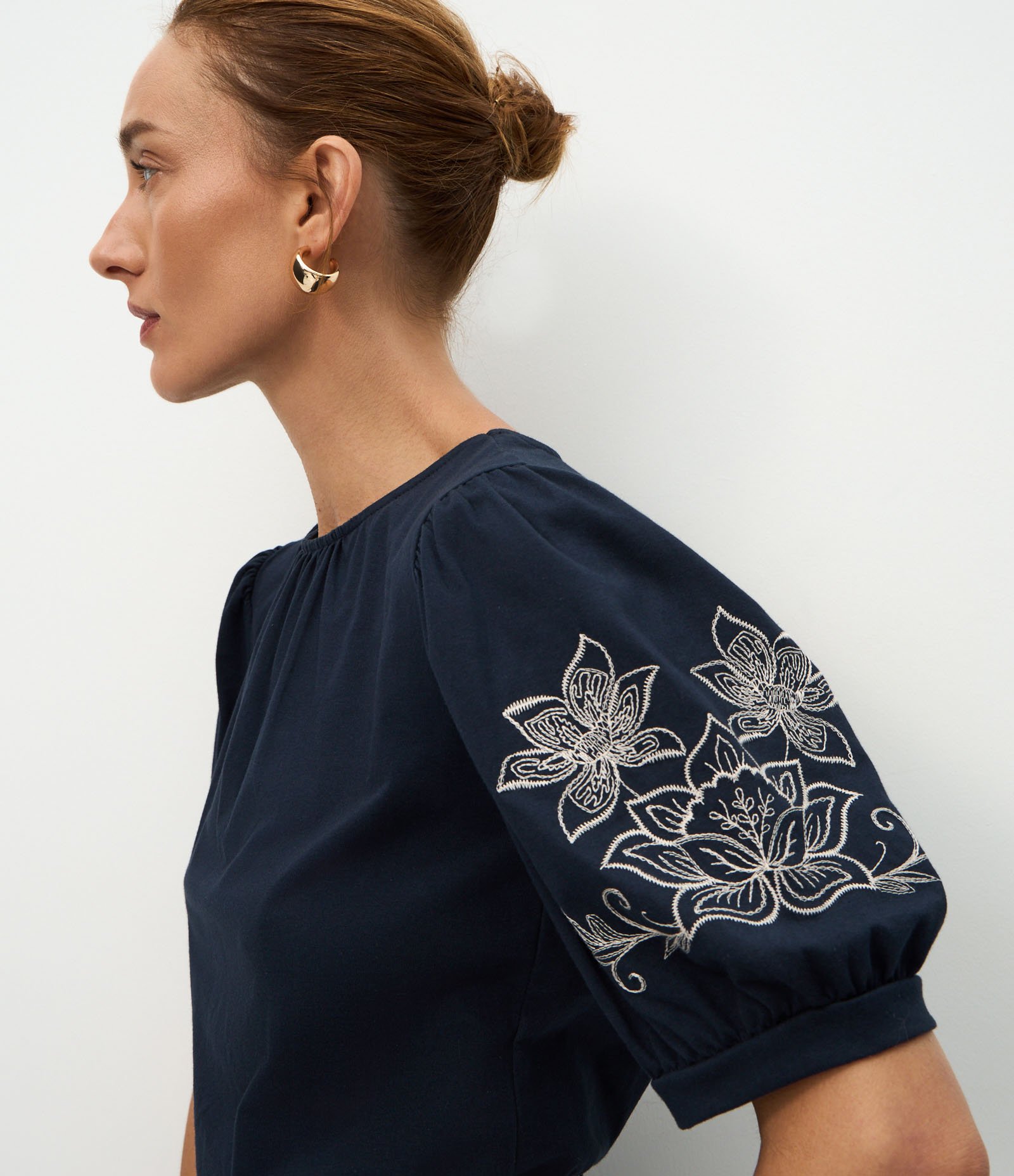 Blusa Manga Curta em Algodão com Bordado Floral Azul 4