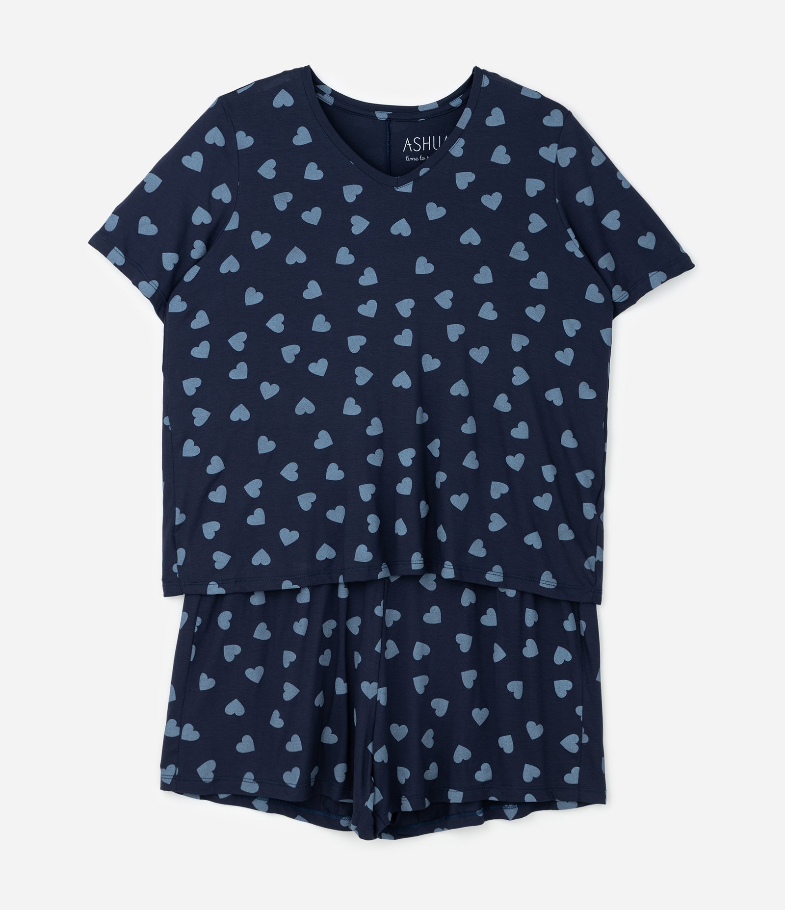 Pijama Curto com Estampa de Corações Curve & Plus Size Azul 1