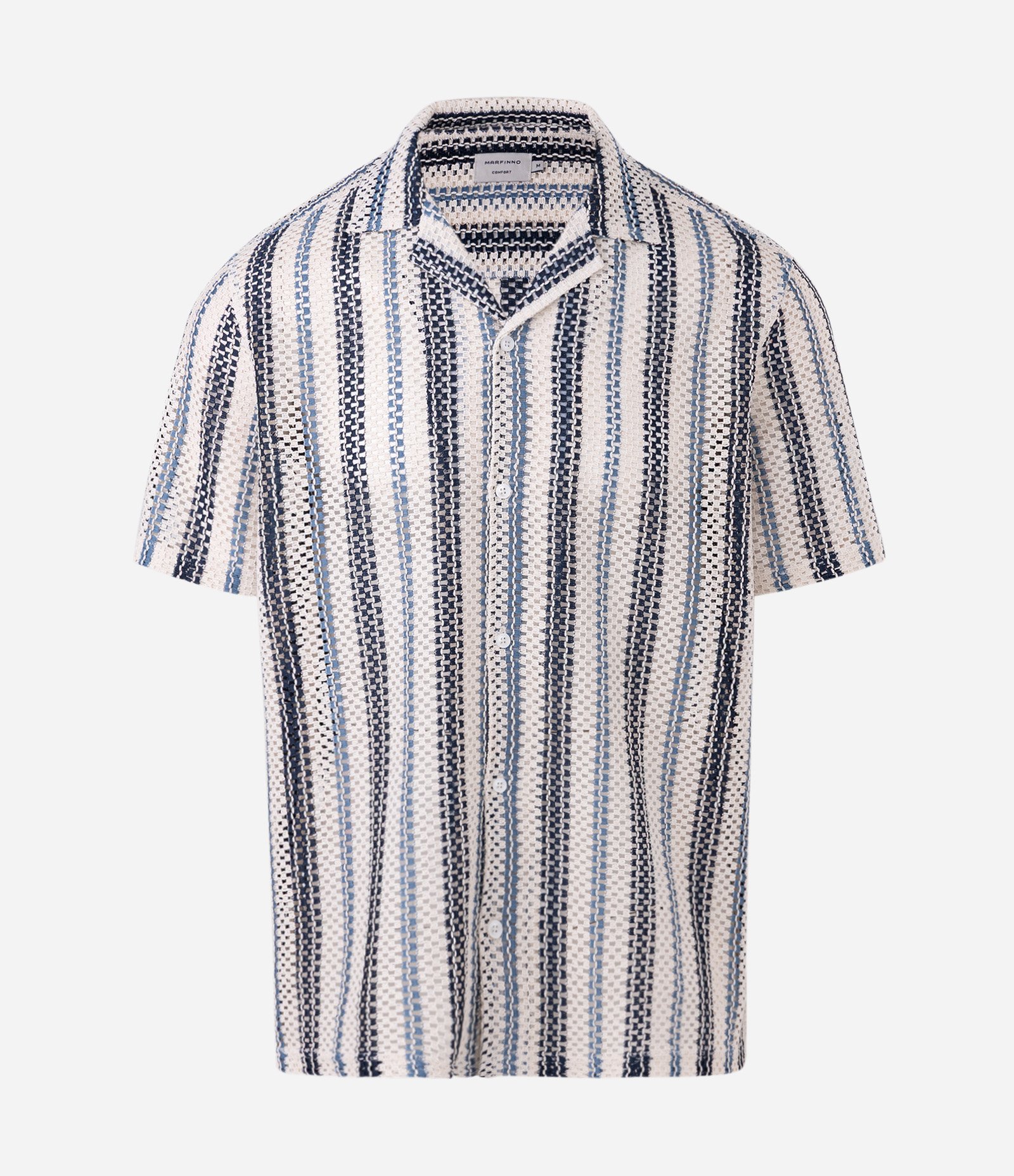 Camisa Manga Curta Tricô Texturizado Listrado Azul 1