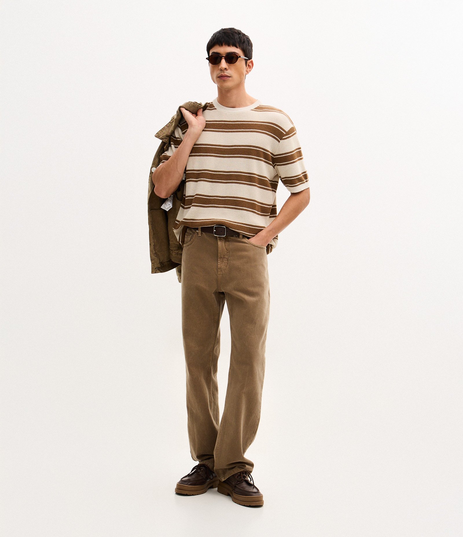 Camiseta Body Manga Curta com Efeito Tricô e Listras Branco 2