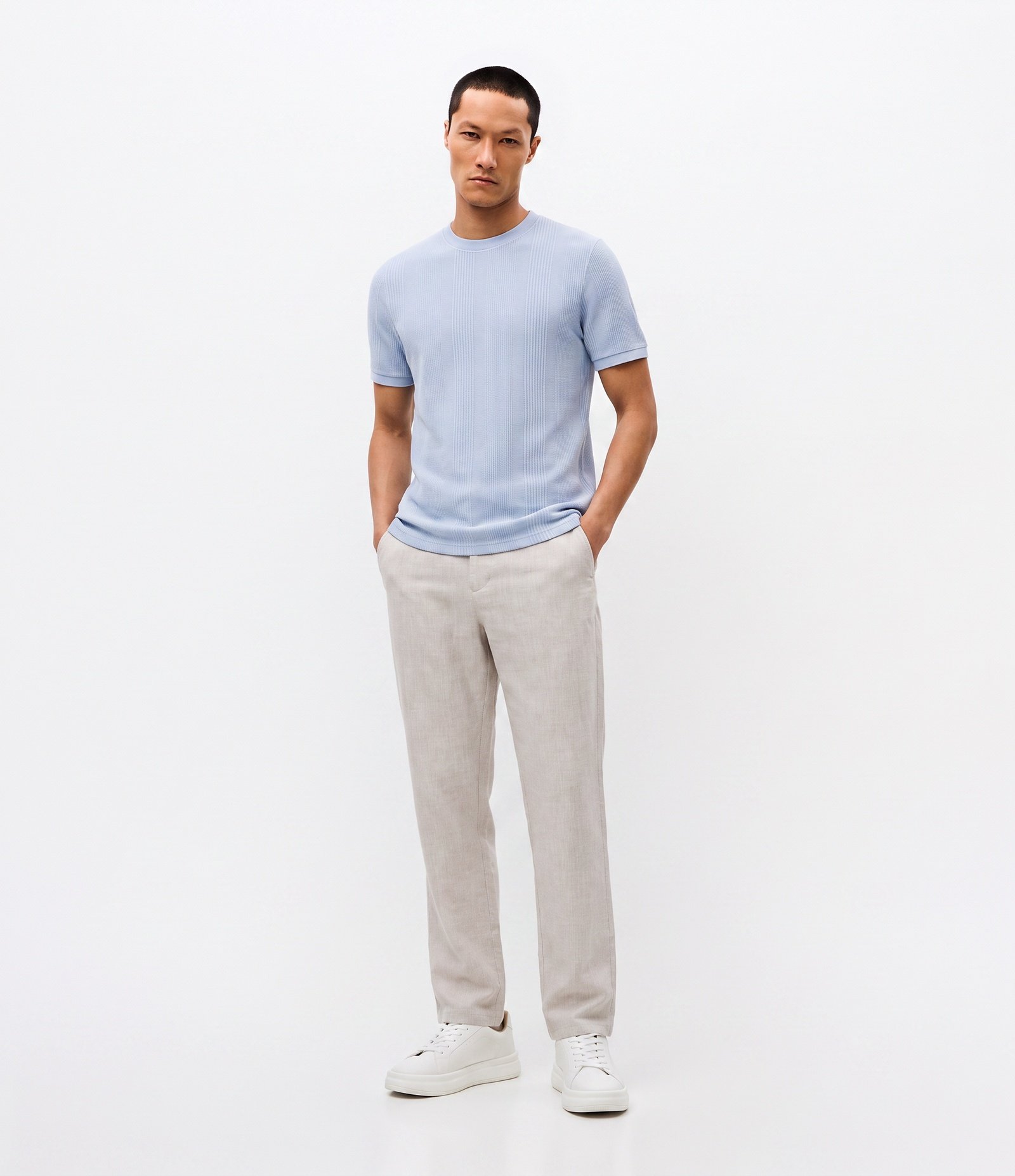 Camiseta Regular em Algodão com Textura Vertical Azul 2