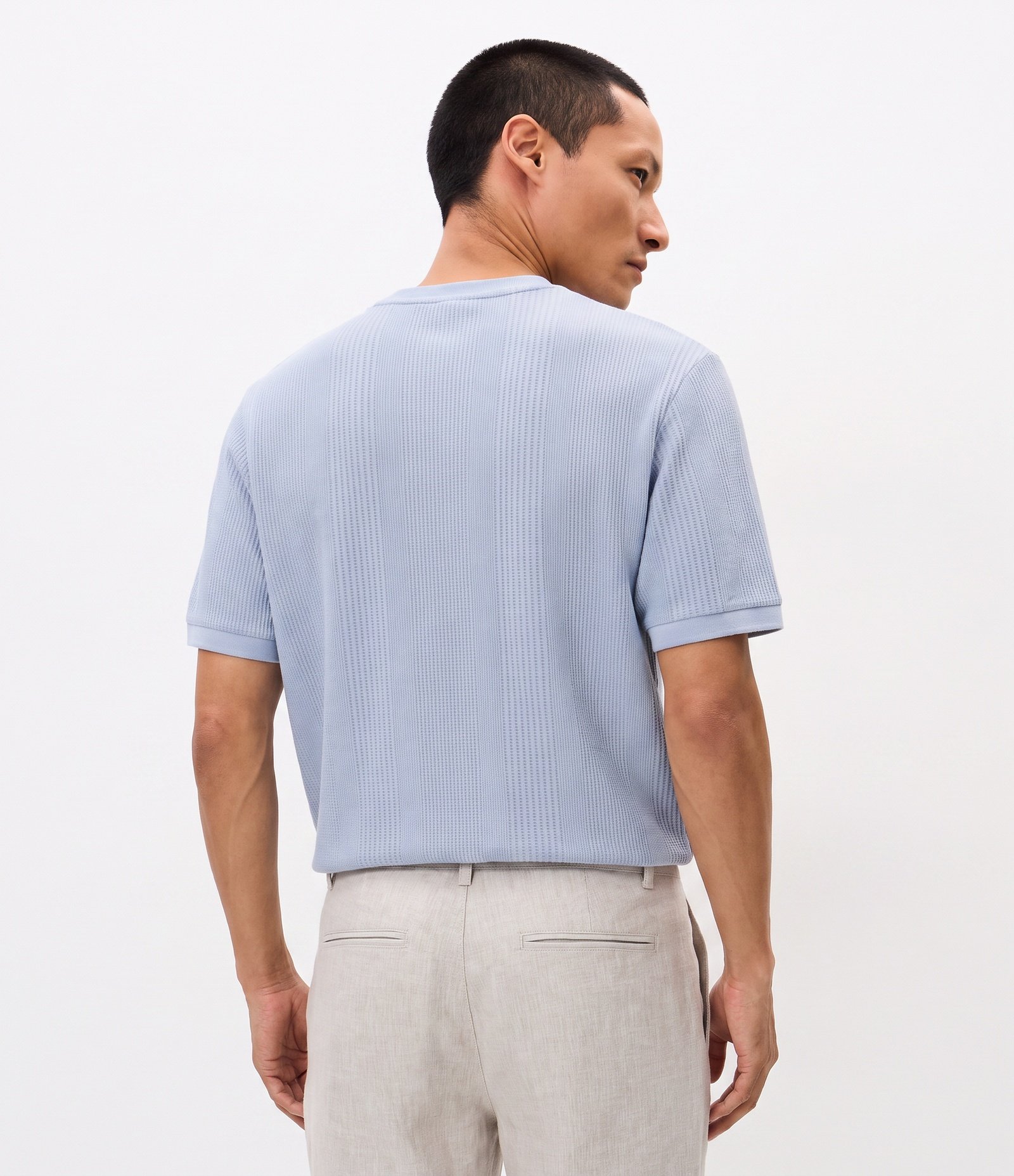 Camiseta Regular em Algodão com Textura Vertical Azul 3