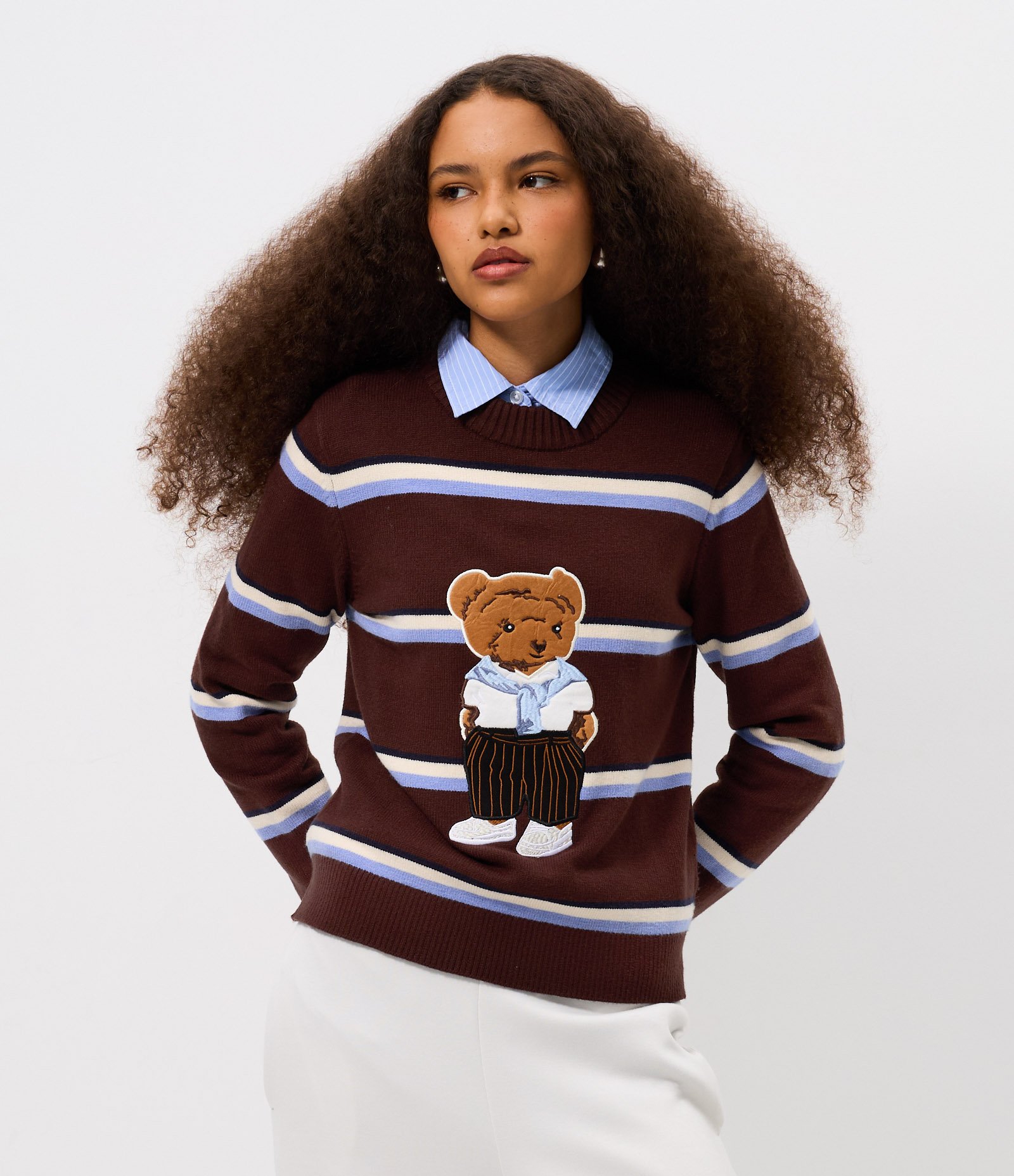 Blusa Listrada em Tricô com Bordado de Urso Marrom 1