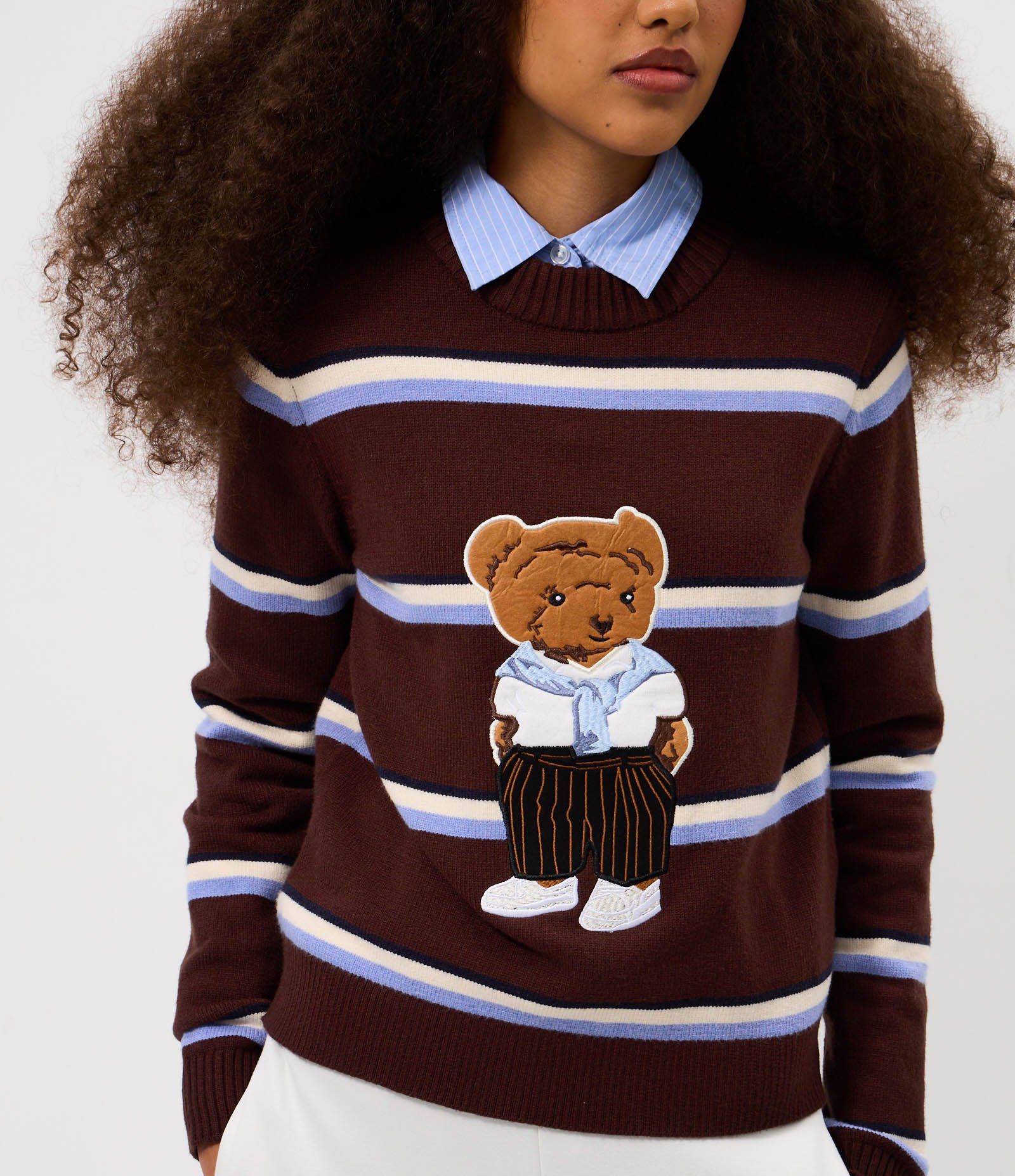 Blusa Listrada em Tricô com Bordado de Urso Marrom 3