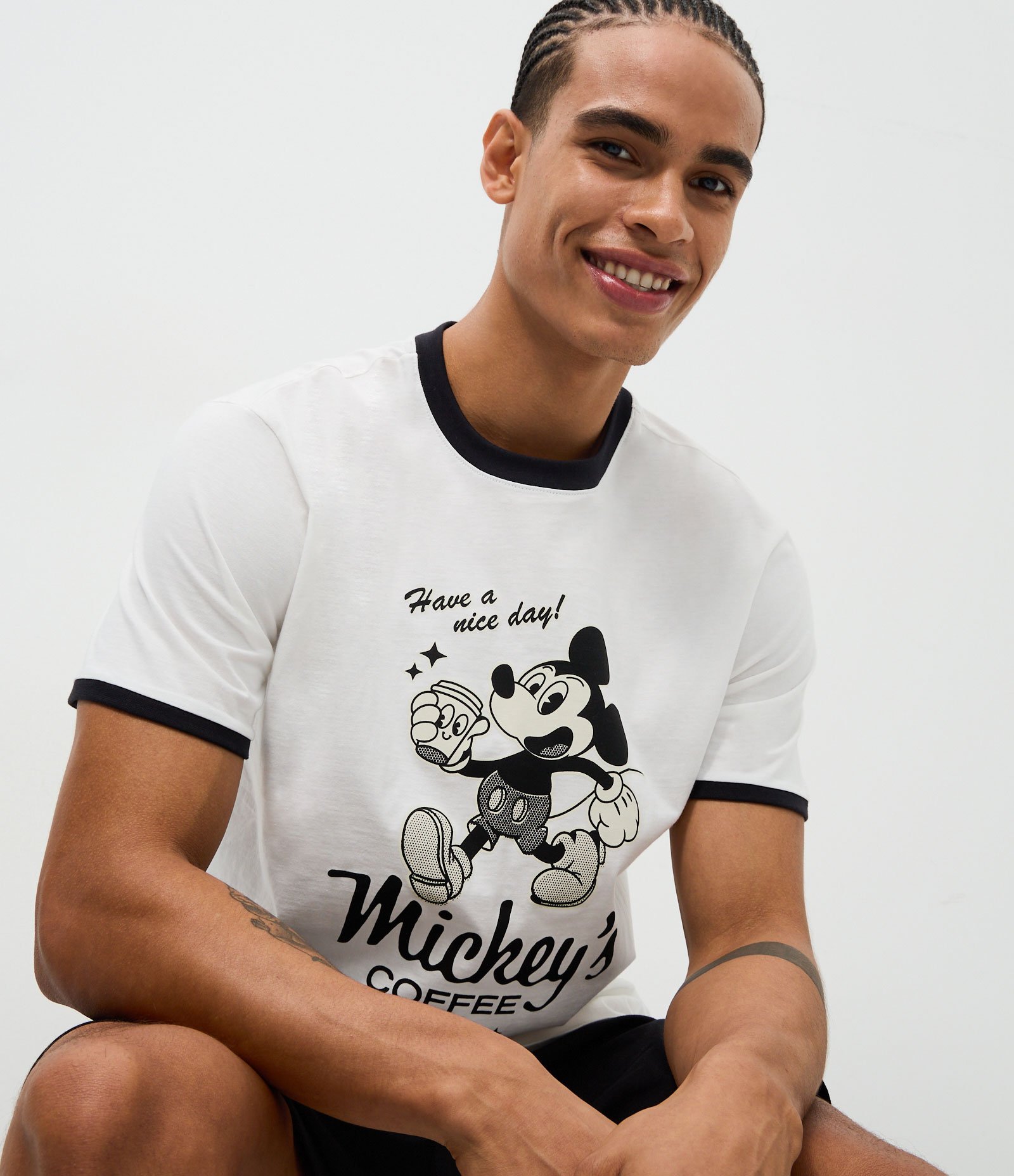 Pijama Curto Mickey Coffee Club em Algodão Branco 1