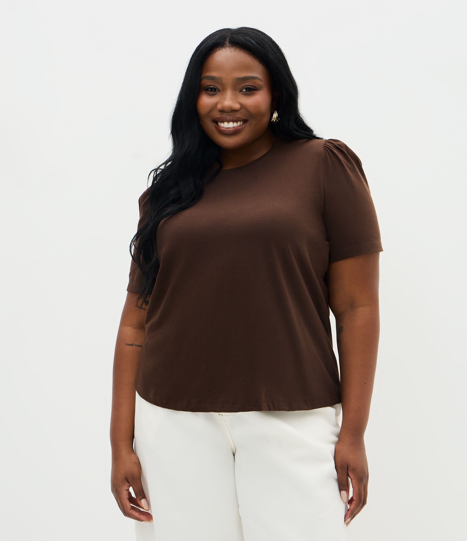 Blusa em Algodão com Manga Bufante Curve & Plus Size Marrom 1