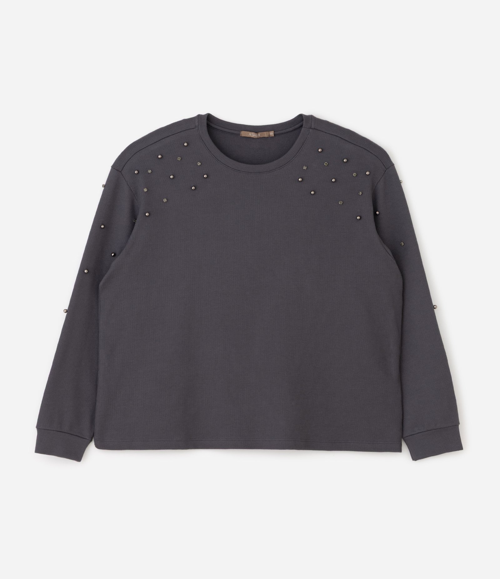 Blusa Manga Longa em Ribana com Miniesferas Curve & Plus Size Cinza 1