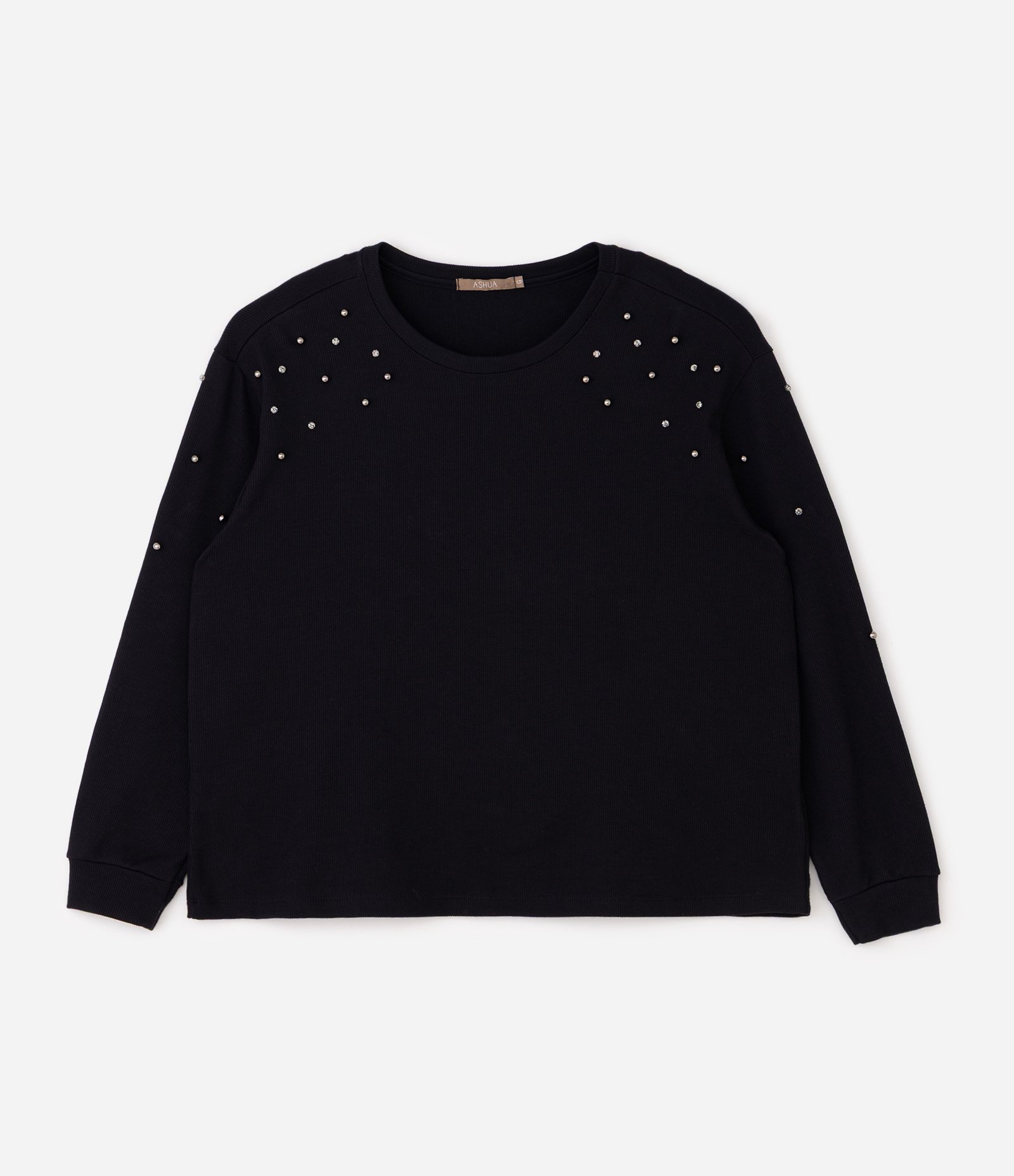 Blusa Manga Longa em Ribana com Miniesferas Curve & Plus Size Preto 1