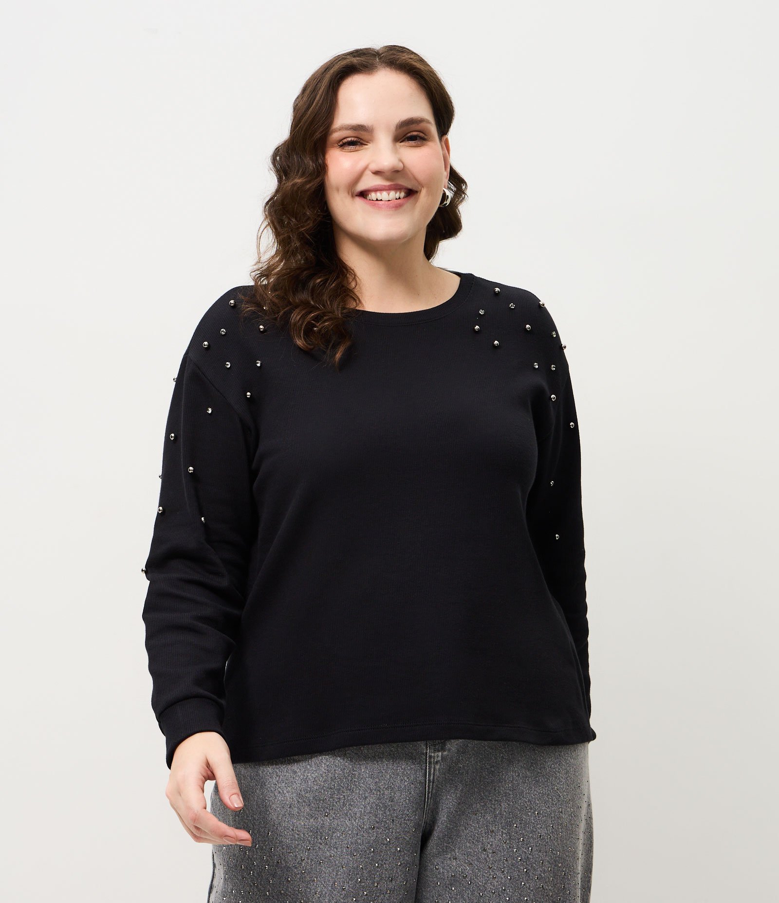Blusa Manga Longa em Ribana com Miniesferas Curve & Plus Size Preto 1