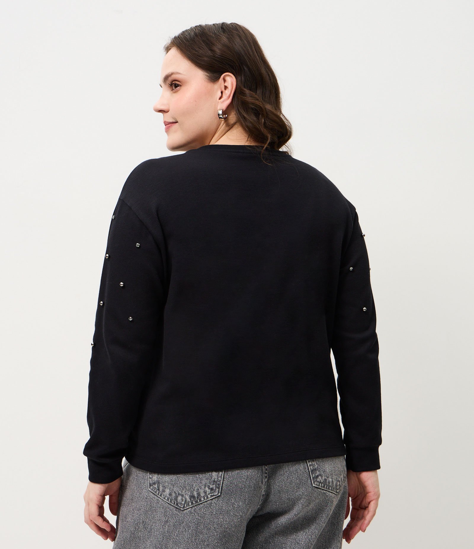 Blusa Manga Longa em Ribana com Miniesferas Curve & Plus Size Preto 4