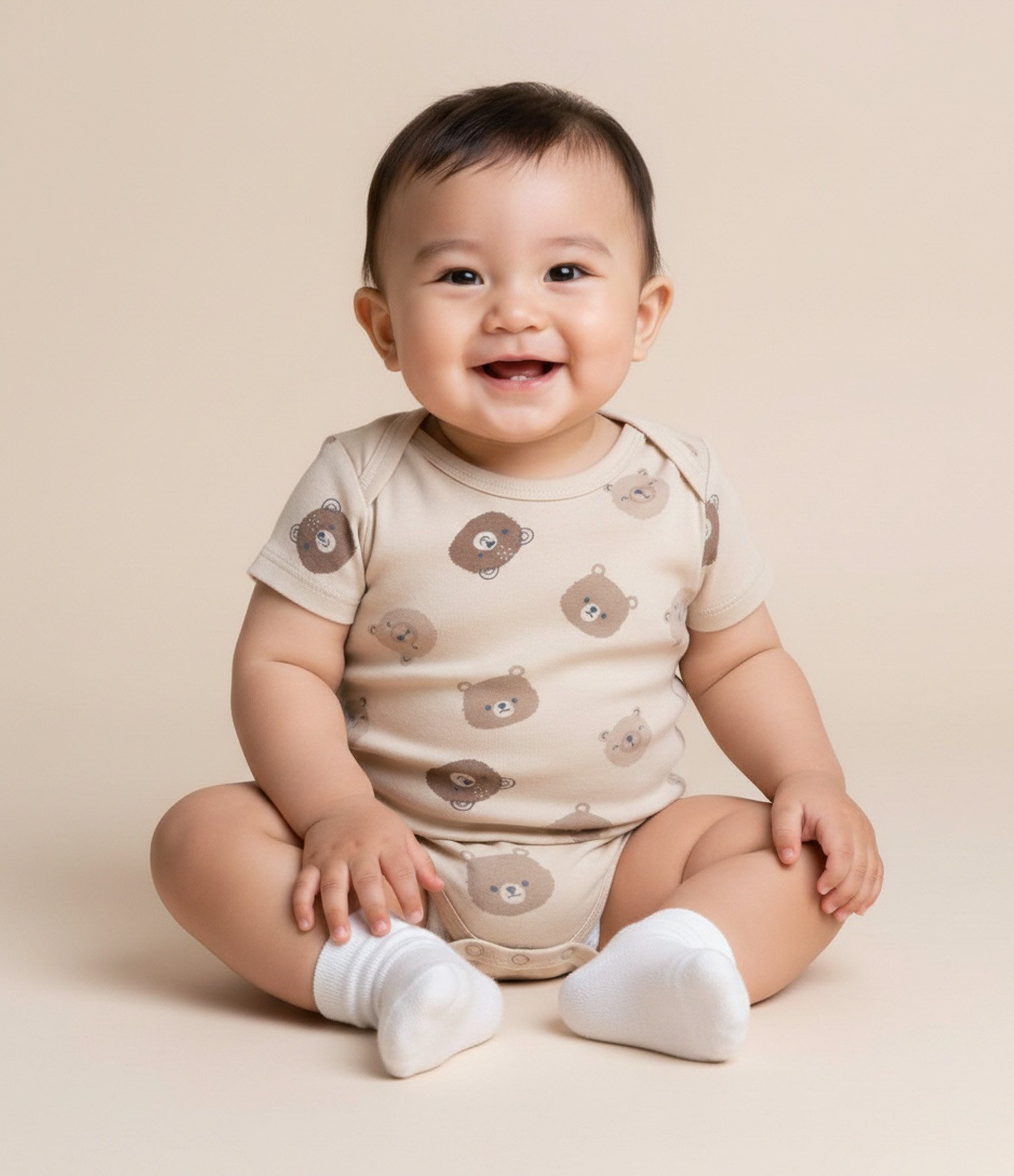 Body Infantil com Estampa Carinhas de Urso – Tam RN a 18 Meses Bege 1