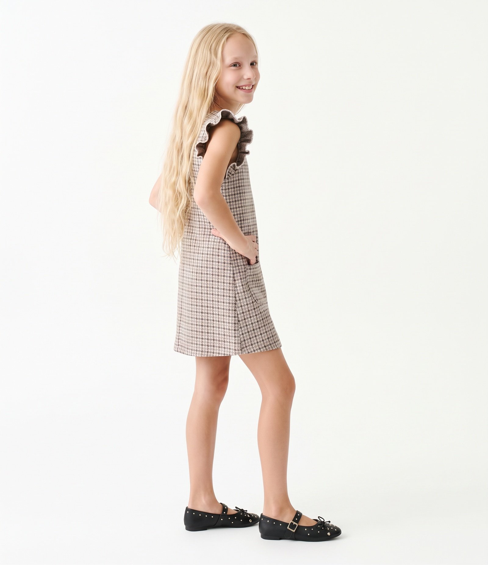 Vestido Infantil em Tweed Pied de Poule sem Manga – Tam 1 a 6 Anos Marrom/Bege 2