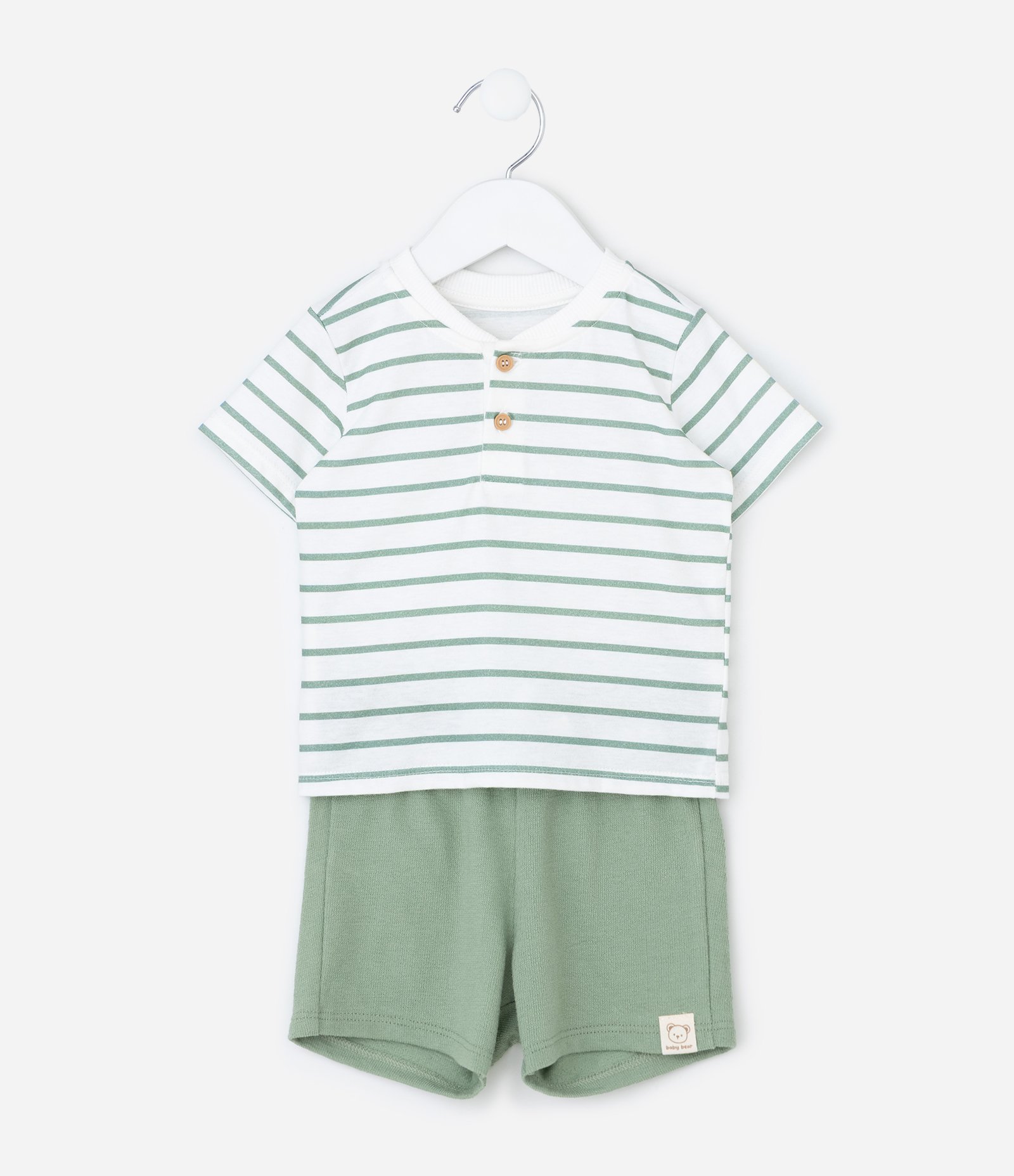 Conjunto Infantil com Camiseta Listrada e Bermuda – Tam 0 a 18 Meses Verde/Branco 1