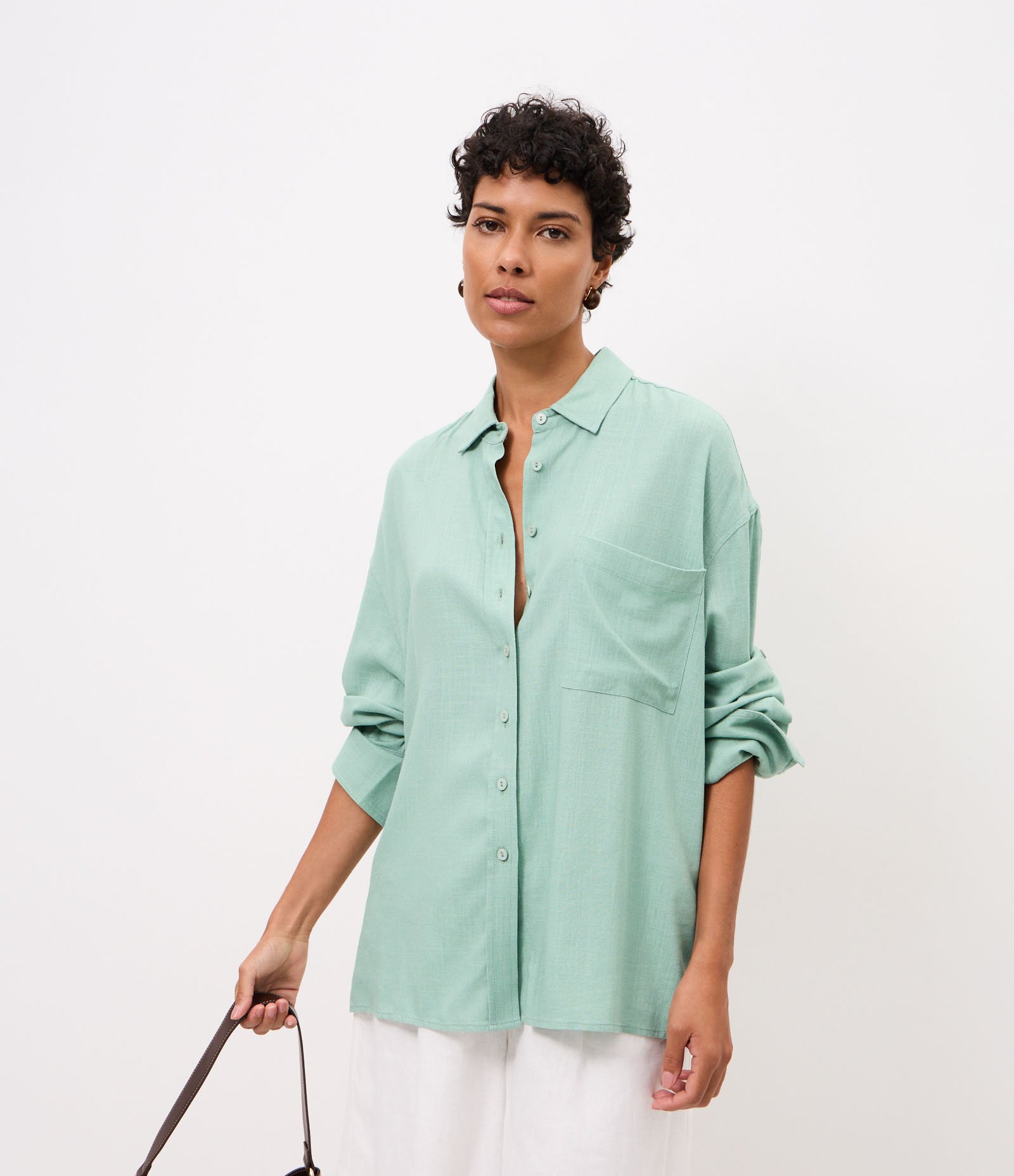 Camisa Oversized em Viscolinho com Punhos Ajustados Verde 1
