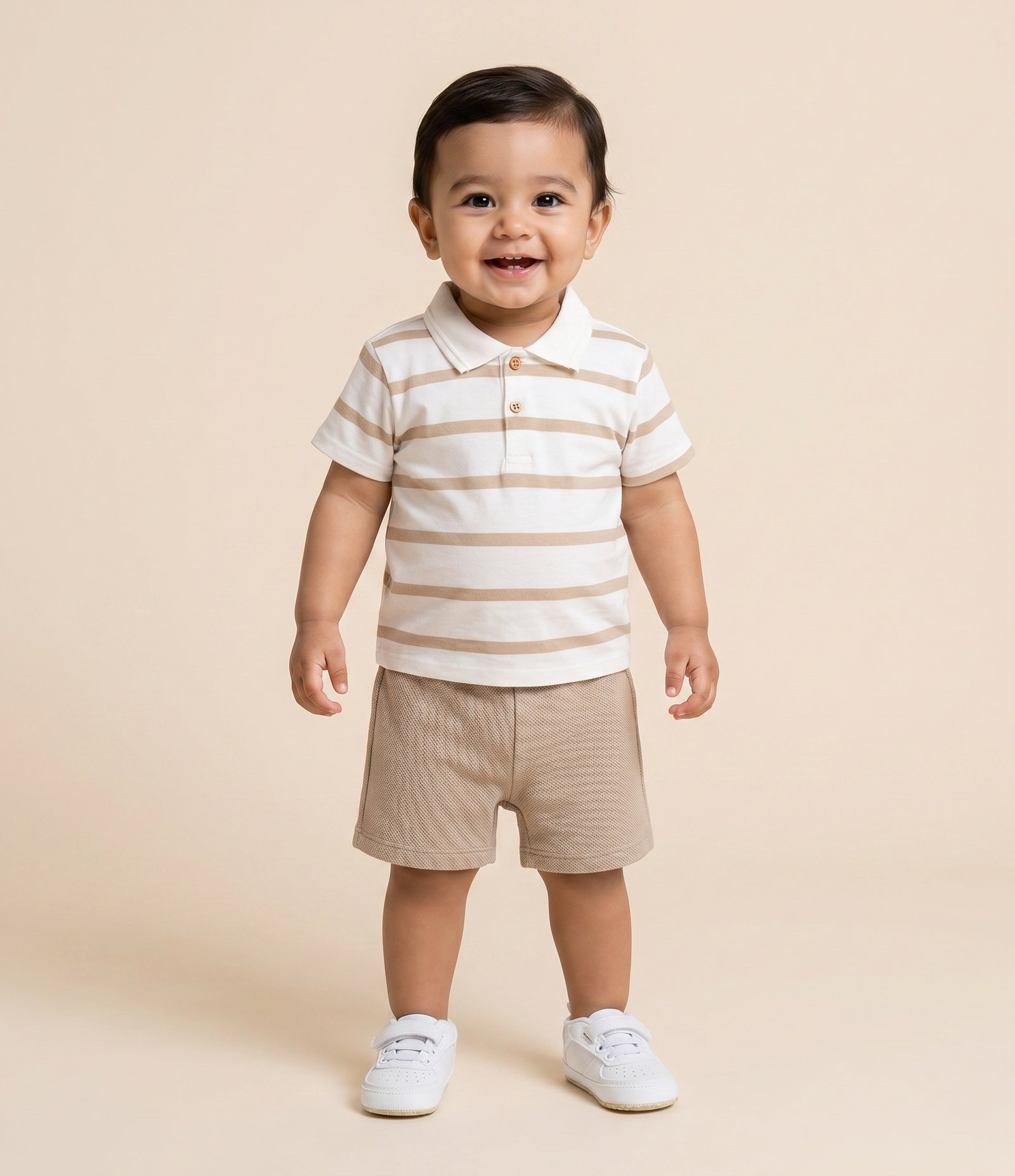 Conjunto Infantil Listrado com Gola Polo - Tam 0 a 18 Meses Bege 1