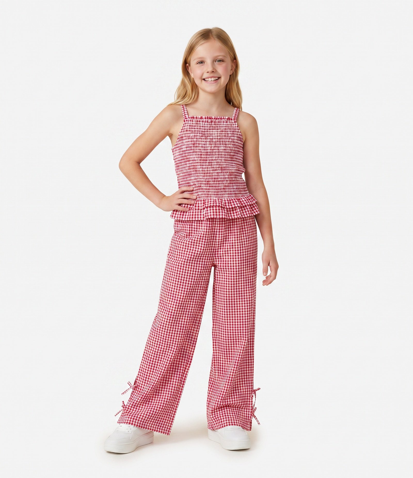 Calça Wide Leg Vichy Vermelha - Tam 7 a 16 Anos Rosa 1