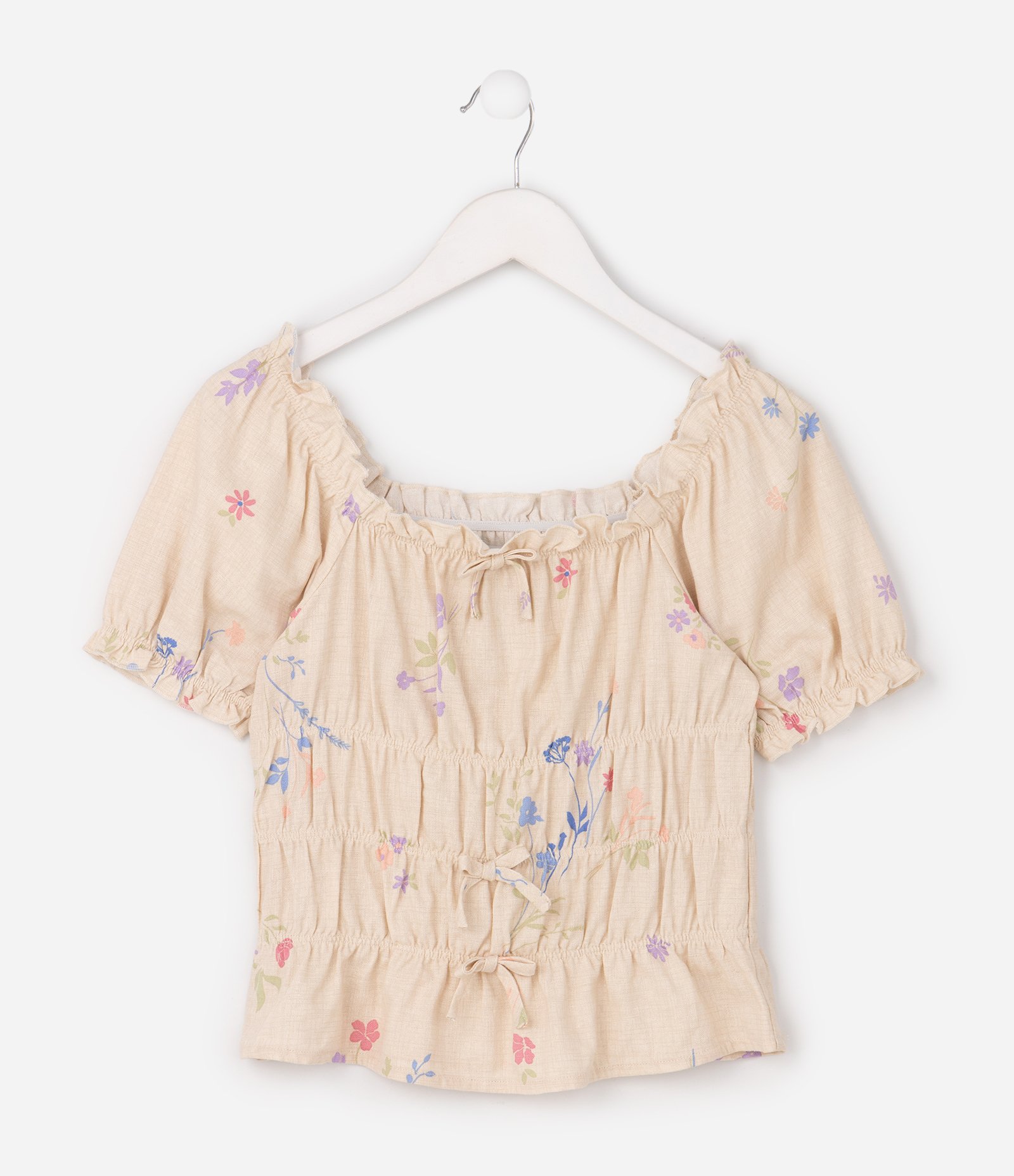Blusa Infantil em Viscolinho com Manga Bufante e Estampa Floral – Tam 5 a 16 Anos Bege Claro 2