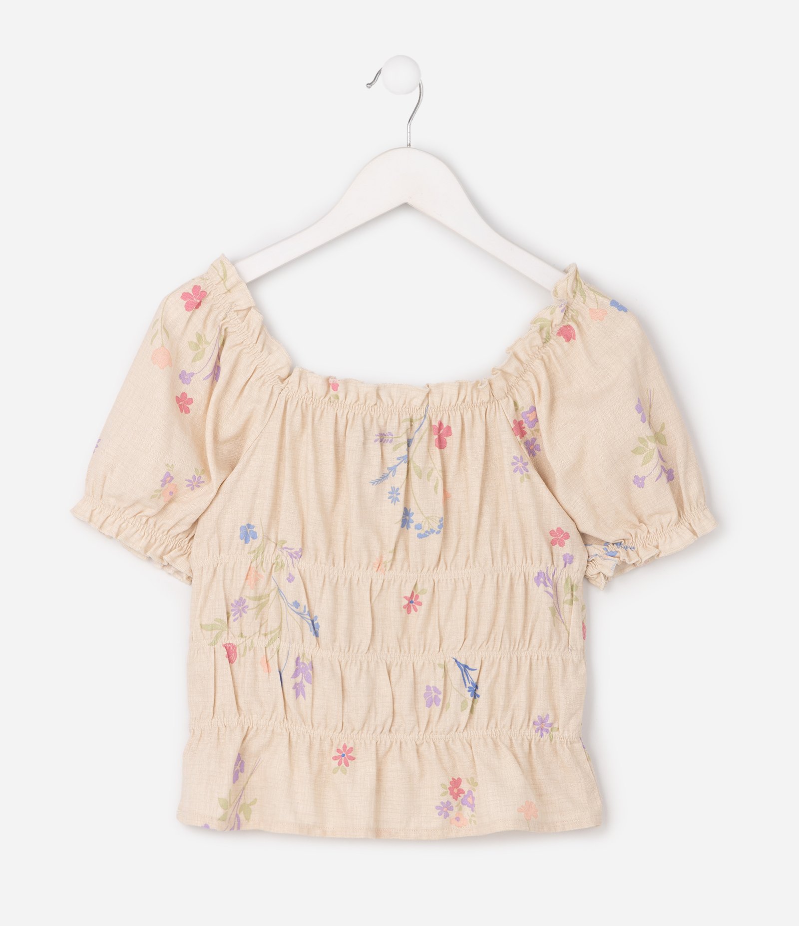 Blusa Infantil em Viscolinho com Manga Bufante e Estampa Floral – Tam 5 a 16 Anos Bege Claro 3