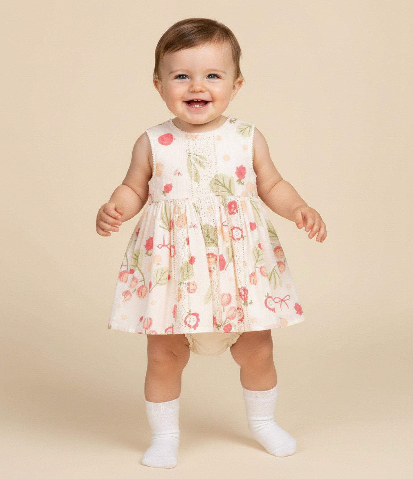 Vestido Bebê Floral Laise com Calcinha - Tam 3 a 18 Meses Bege 1