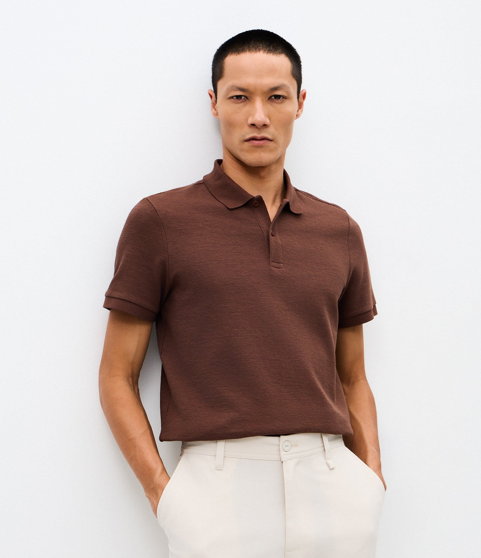 Camisa Polo Slim com Botões e Textura Canelada Marrom 1