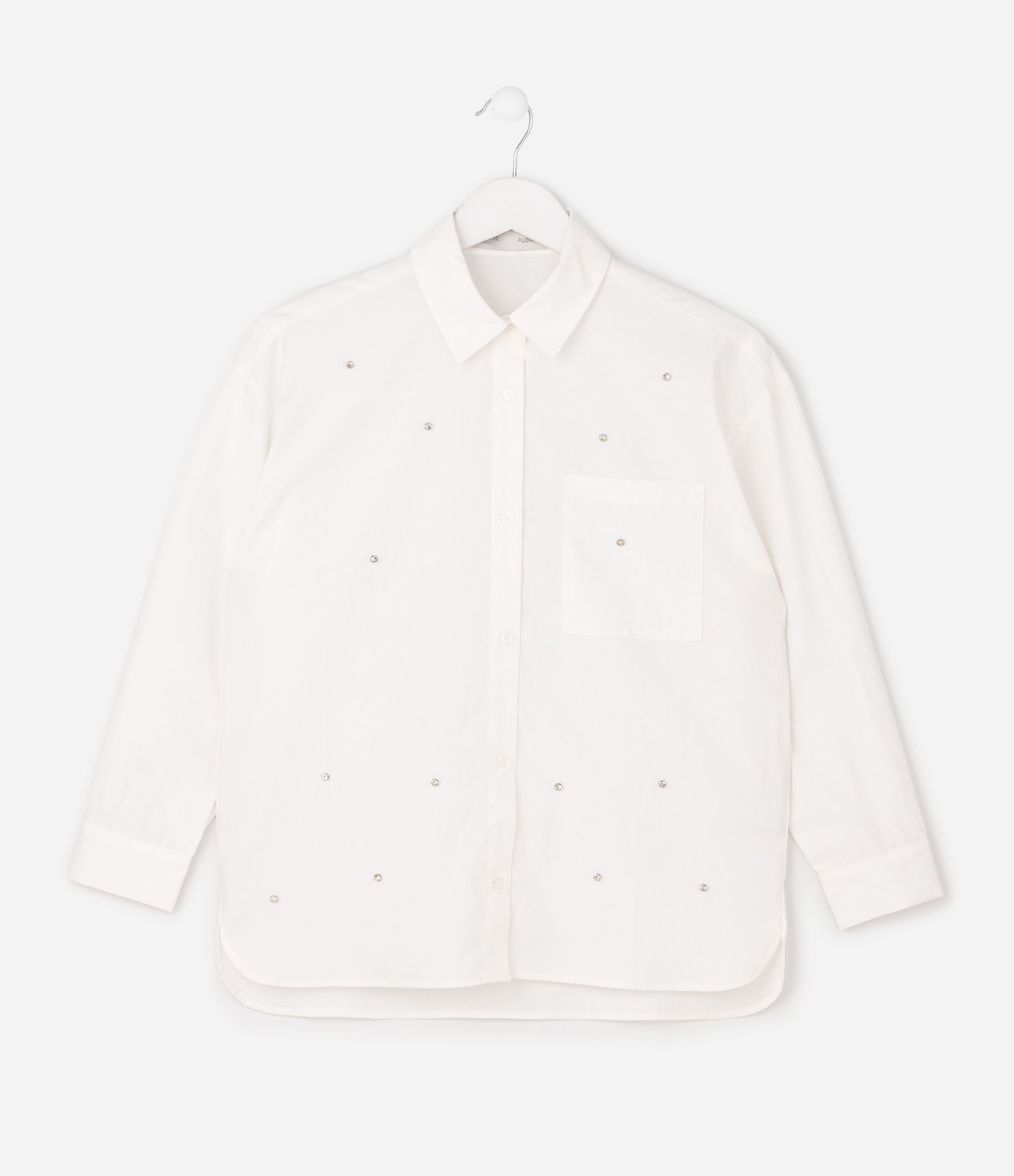 Camisa Oversized Infantil em Tricoline com Aplicações Brilhantes – Tam 7 a 14 Anos Branco 2