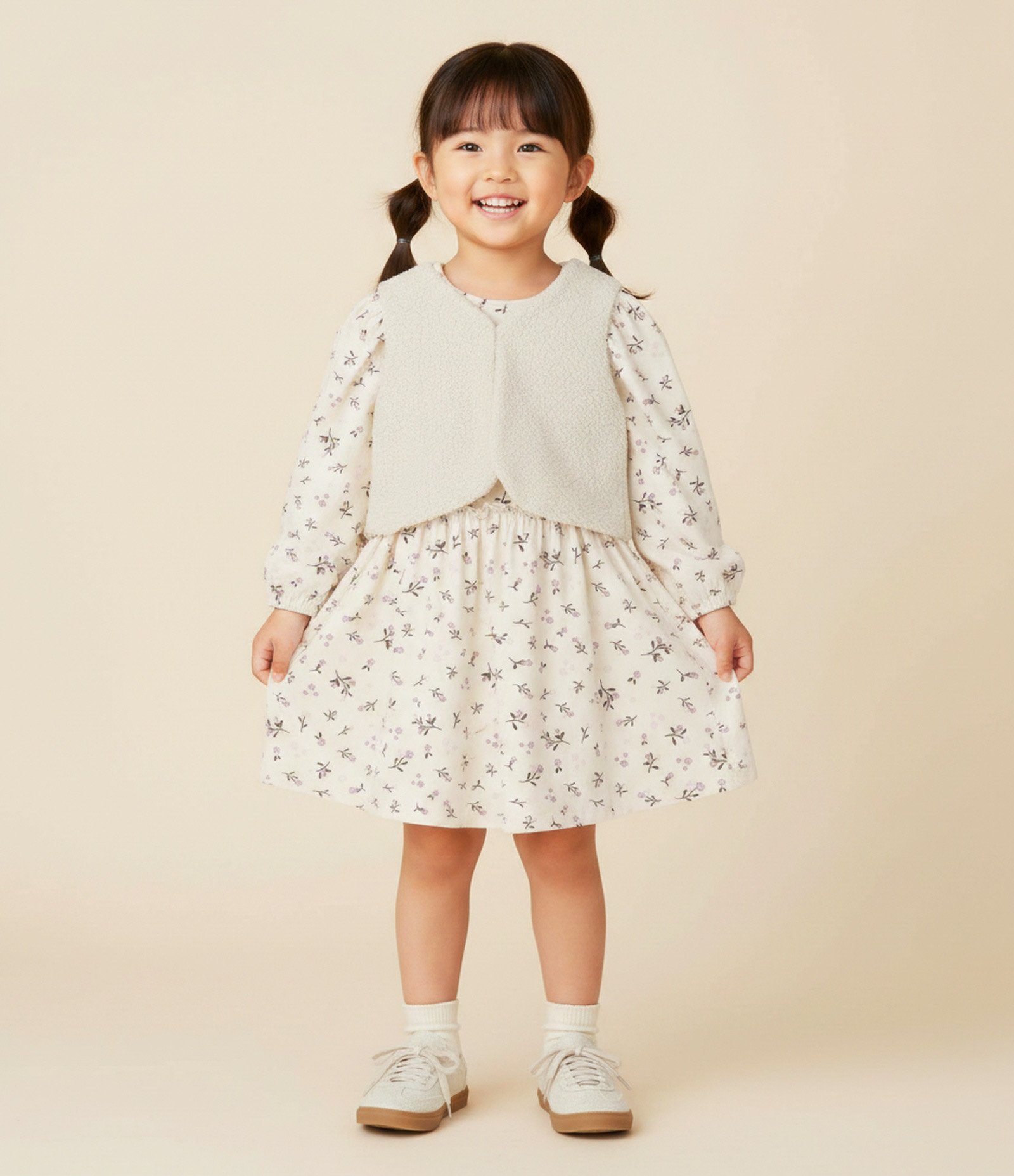 Vestido Infantil Floral com Colete de Pelinho – Tam 1 a 6 Anos Bege Claro 1