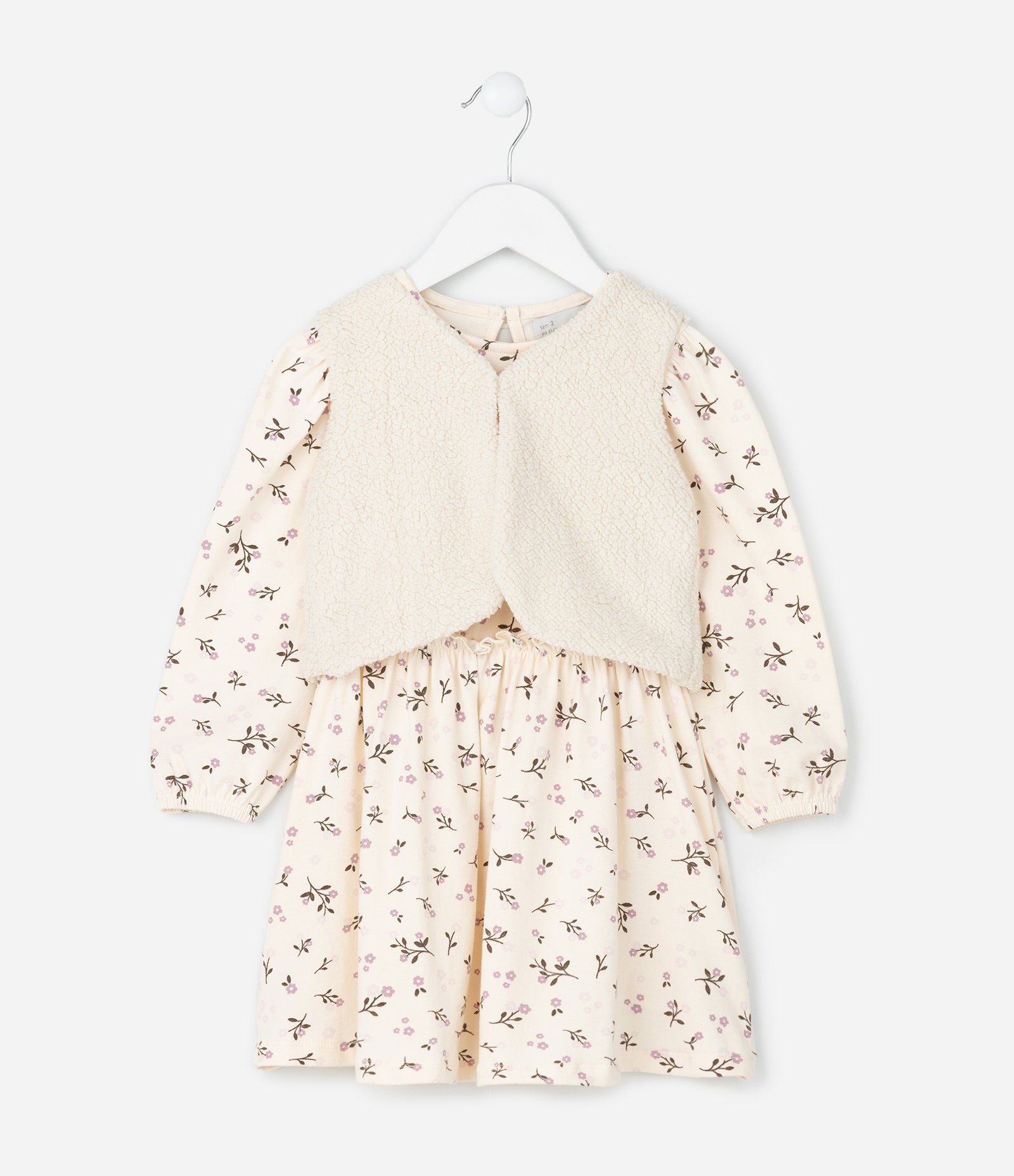 Vestido Infantil Floral com Colete de Pelinho – Tam 1 a 6 Anos Bege Claro 2