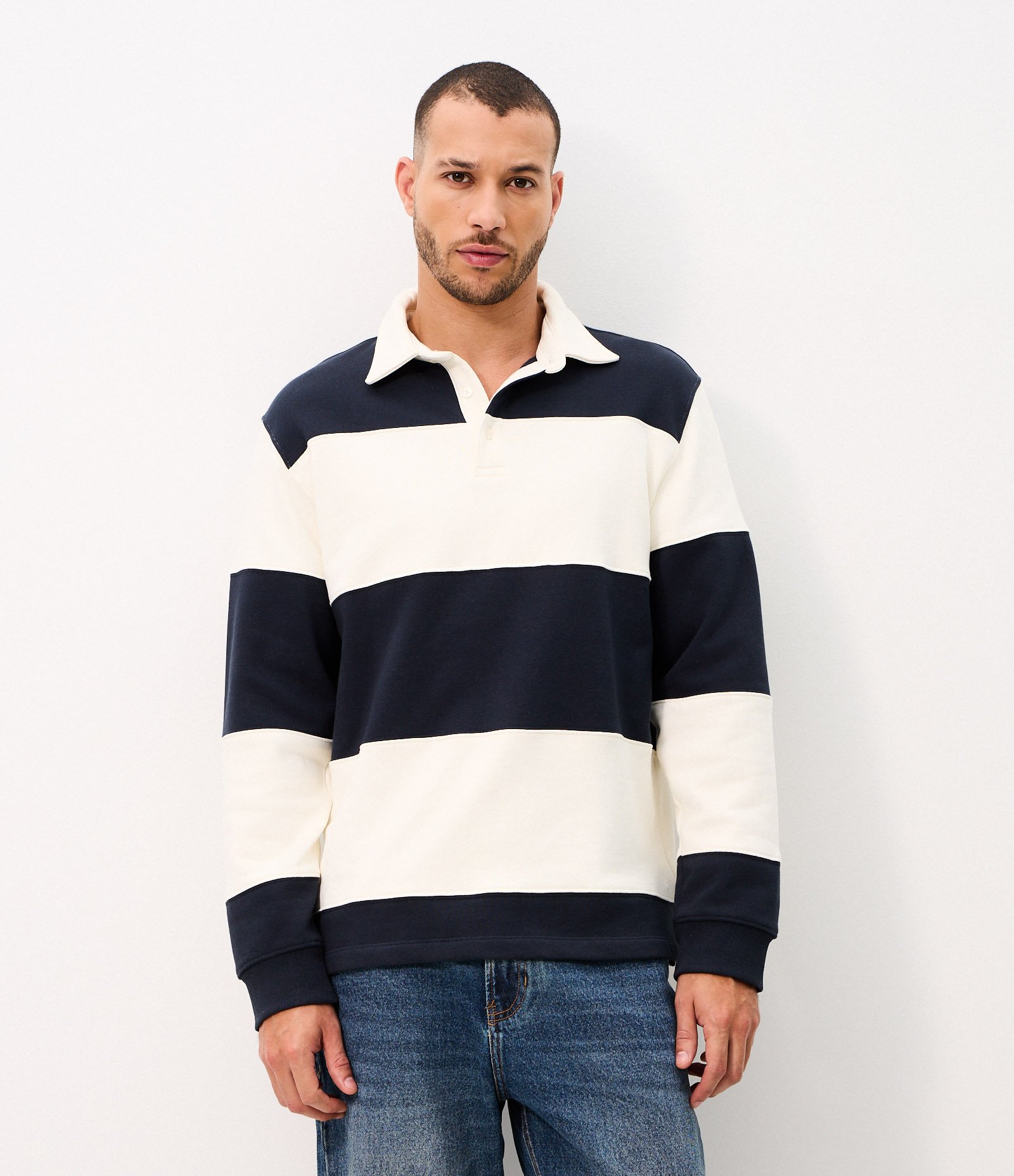 Moletom com Gola Polo e Estampa Listrada Azul/Branco 1