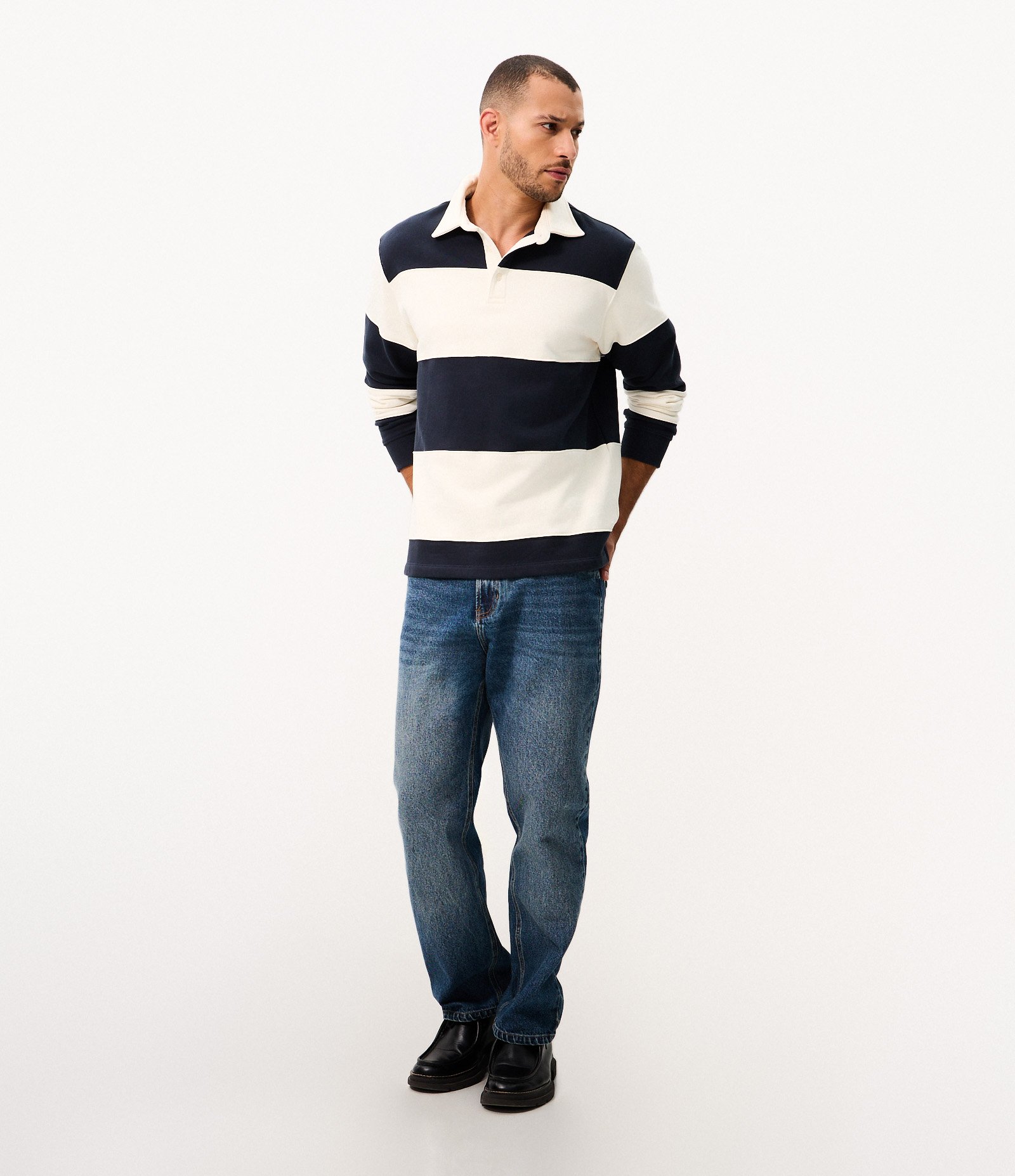 Moletom com Gola Polo e Estampa Listrada Azul/Branco 2