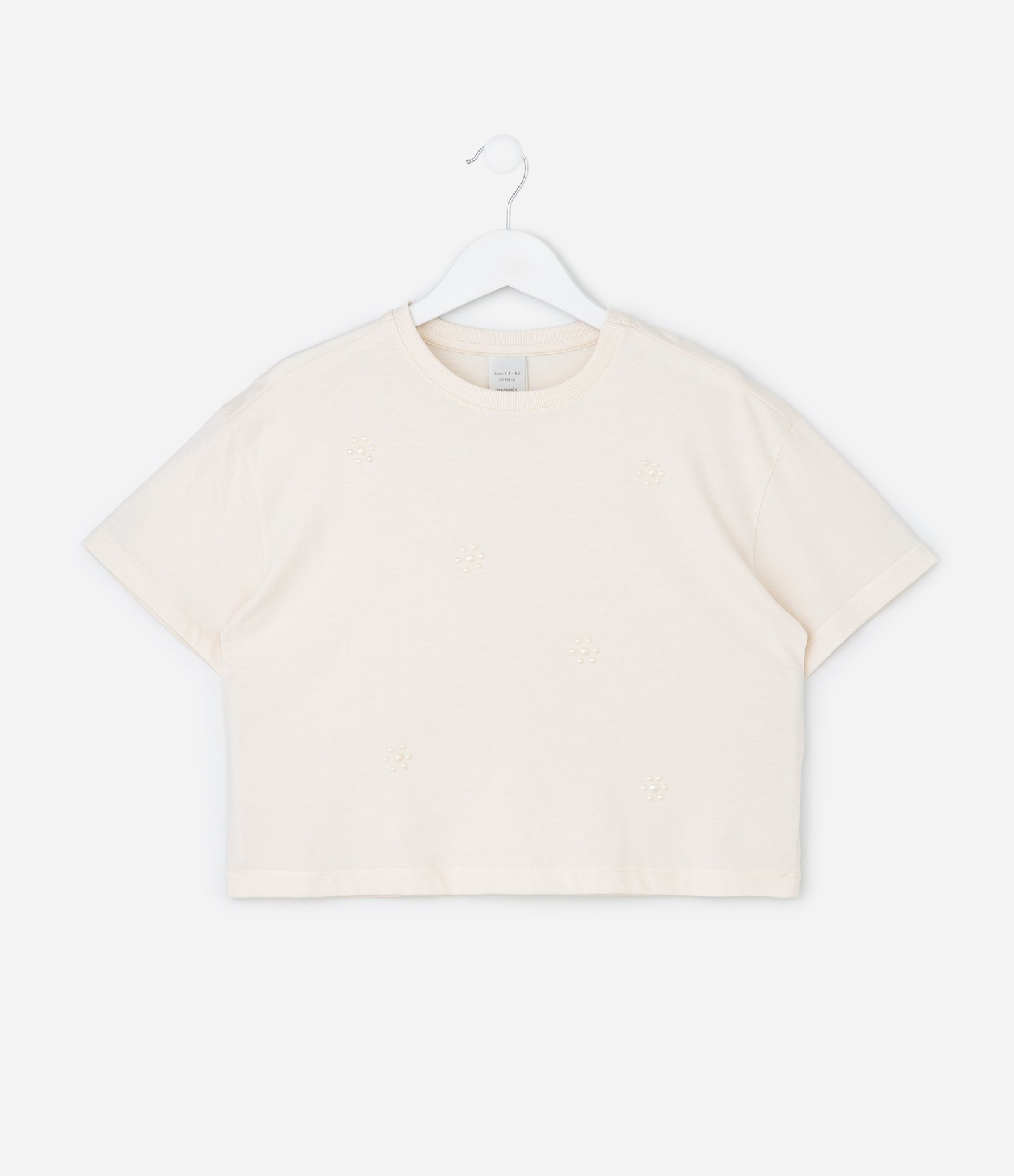 Camiseta Infantil Boxy com Aplicação de Pérolas – Tam 5 a 14 Anos Off White 1