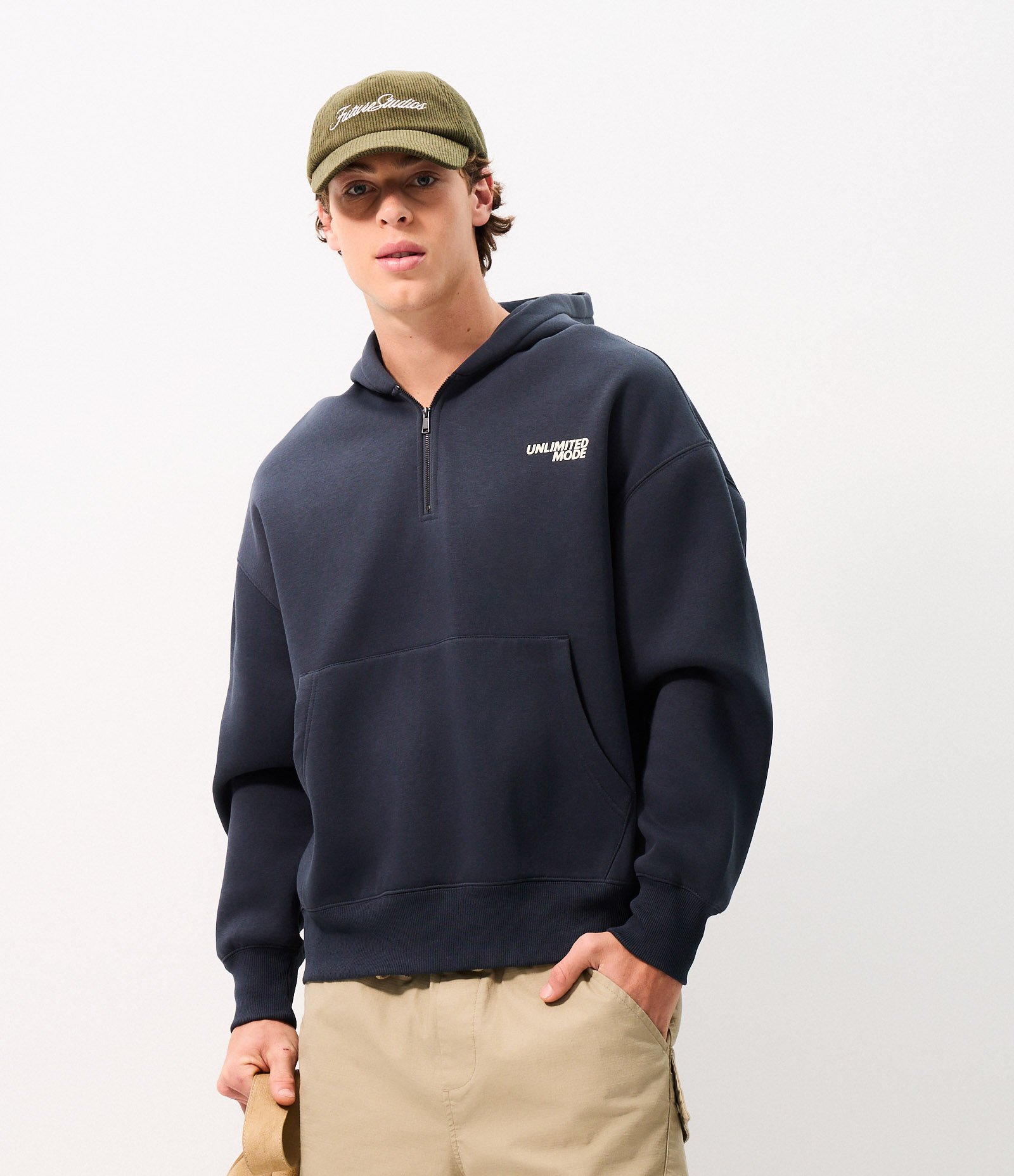 Blusão Masculino Moletom Unlimited com Capuz e Half Zíper Azul 3