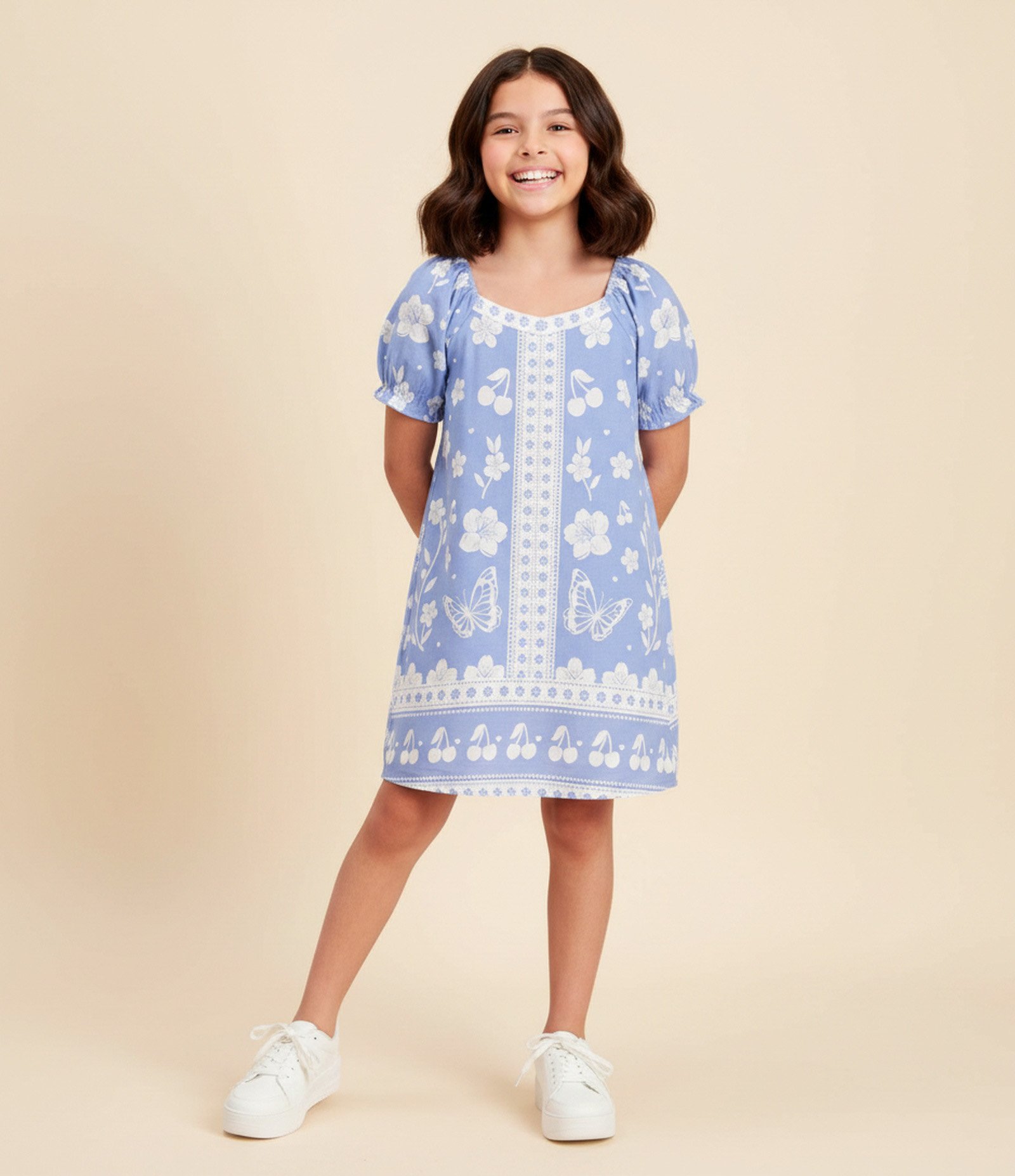 Vestido Infantil em Viscolinho com Estampa Tropical – Tam 5 a 14 Anos Azul/Branco 1