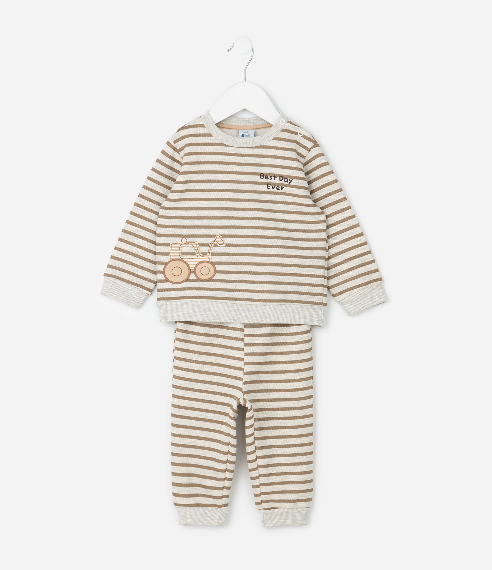 Conjunto Infantil Listrado em Moletom com Bordado de Trator - Tam 0 a 18 meses Marrom 2