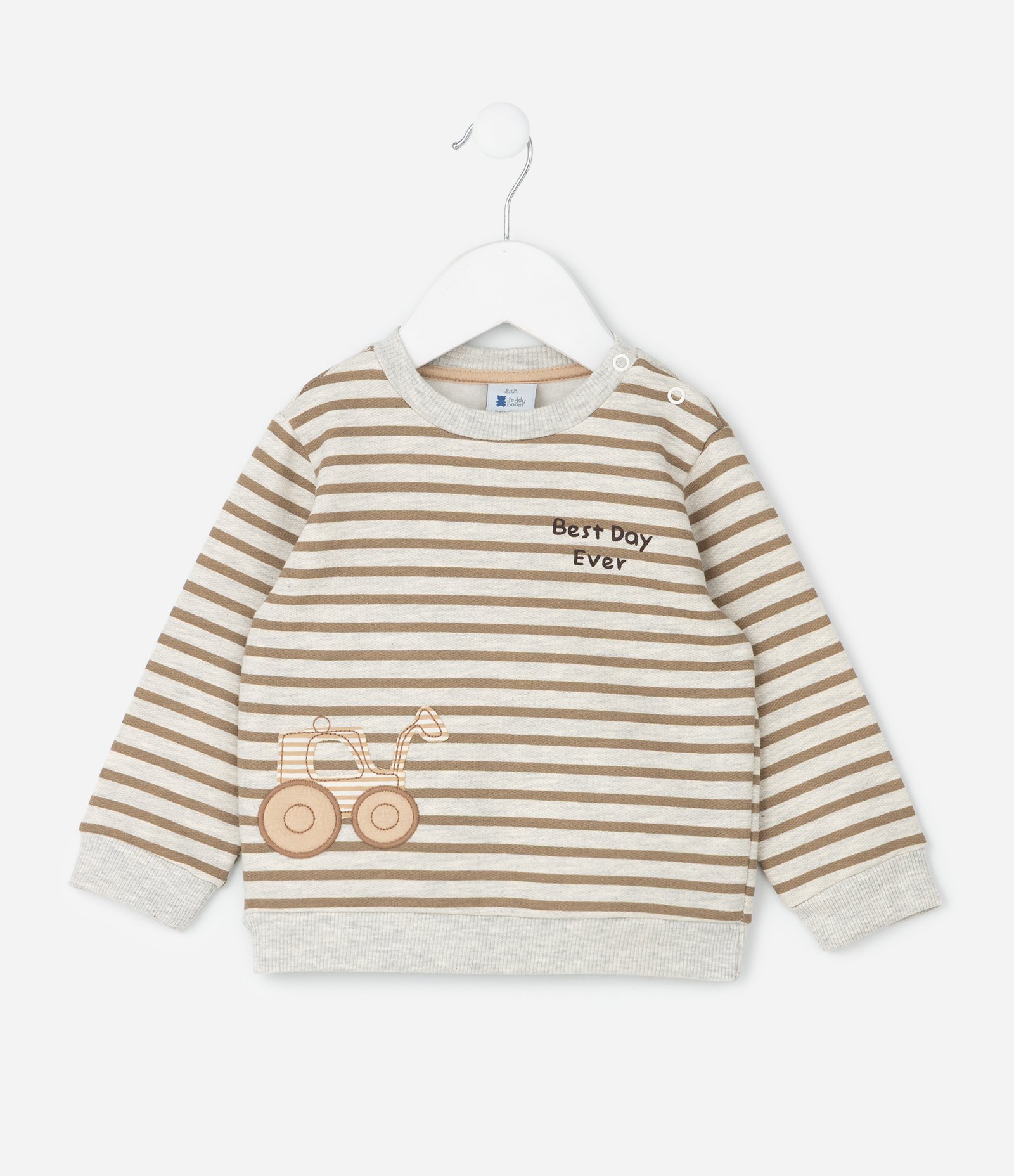 Conjunto Infantil Listrado em Moletom com Bordado de Trator - Tam 0 a 18 meses Marrom 3