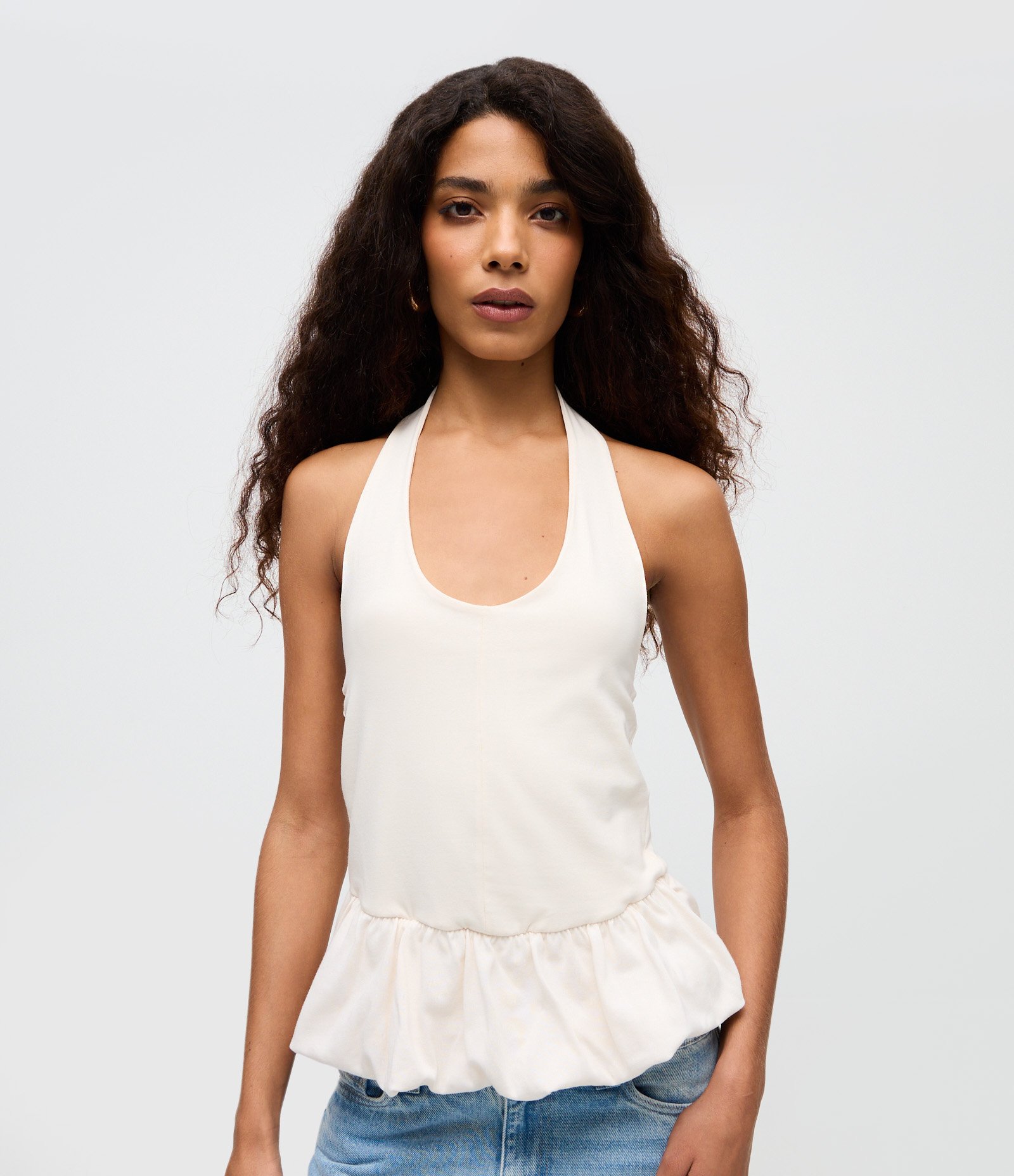 Blusa Frente Única em Algodão com Barra Peplum Off White 1