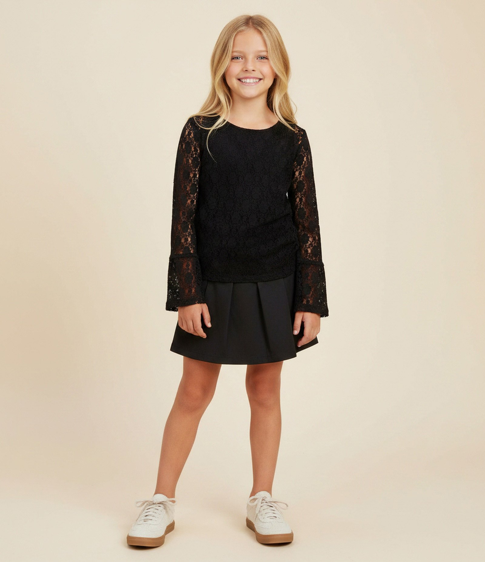 Baby Look Infantil em Renda com Franzido – Tam 5 a 14 Anos Preto 1