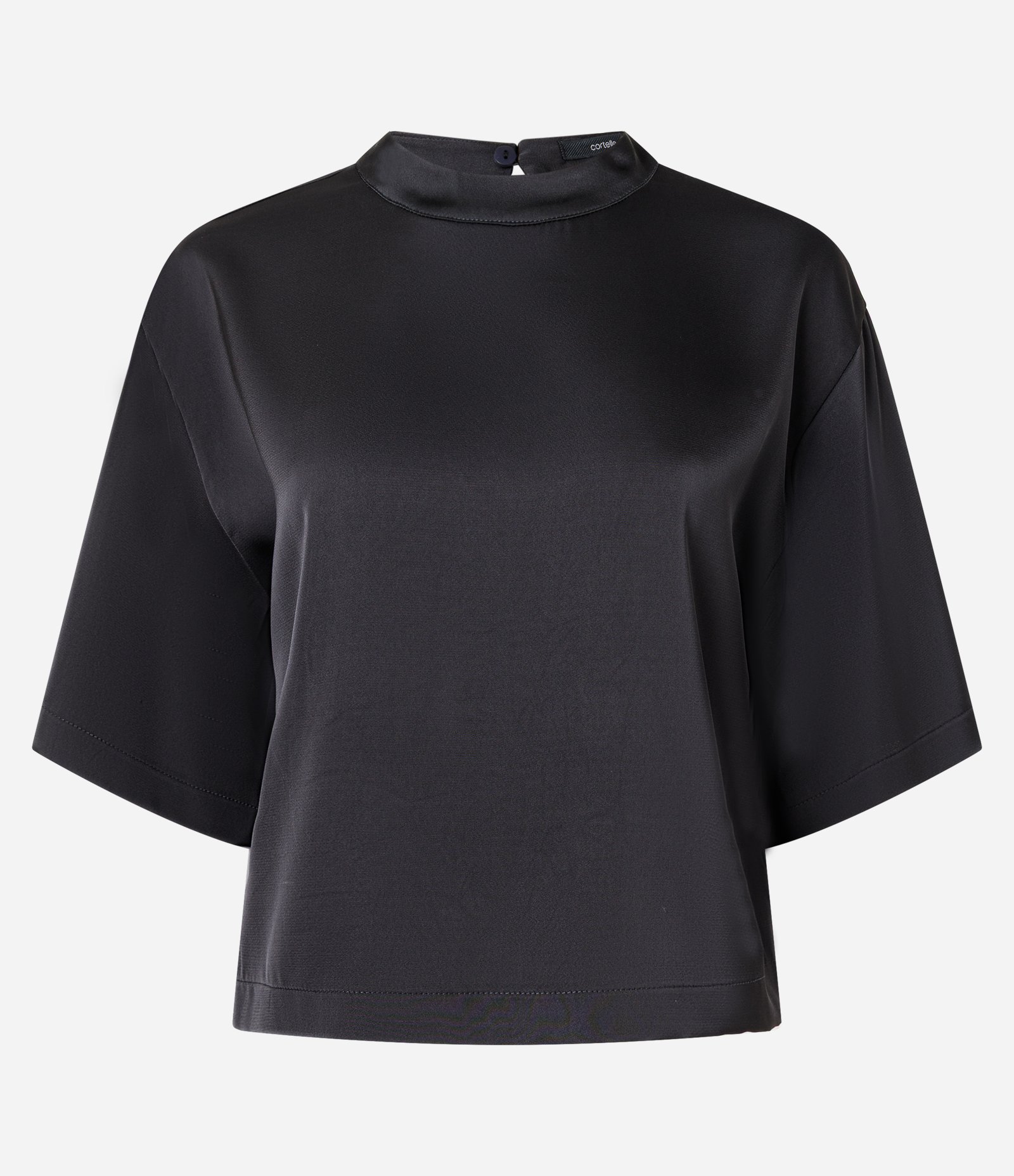 Blusa Acetinada com Golinha Alta e Mangas Curtas Preto 1