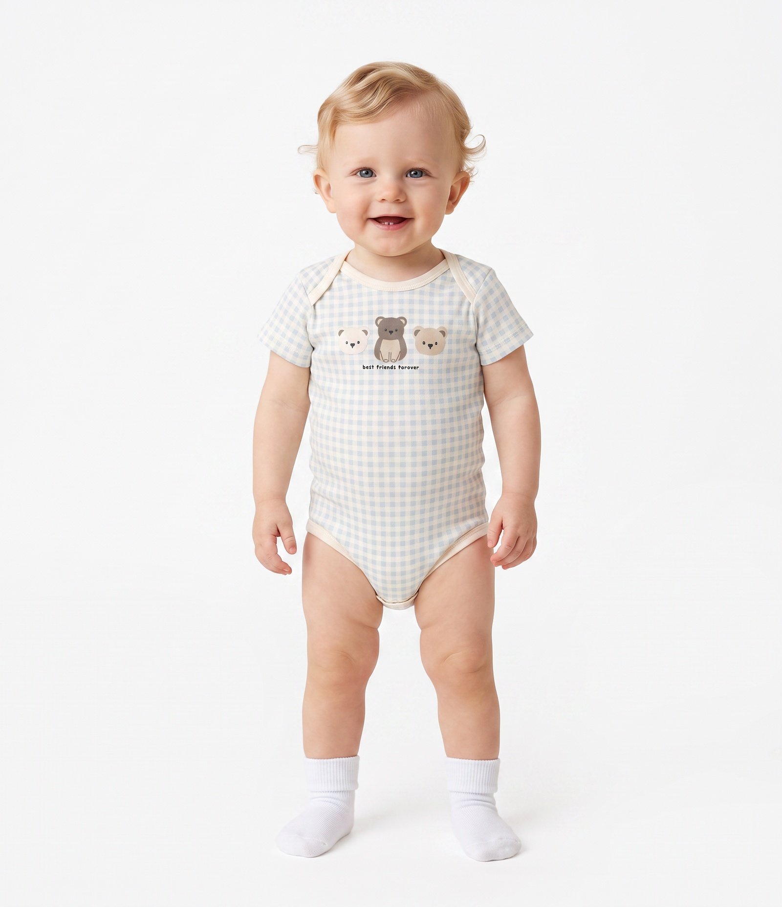 Body Bebê com Estampa Vichy e Ursos em Relevo – Tam RN a 18 Meses Branco/Azul 1
