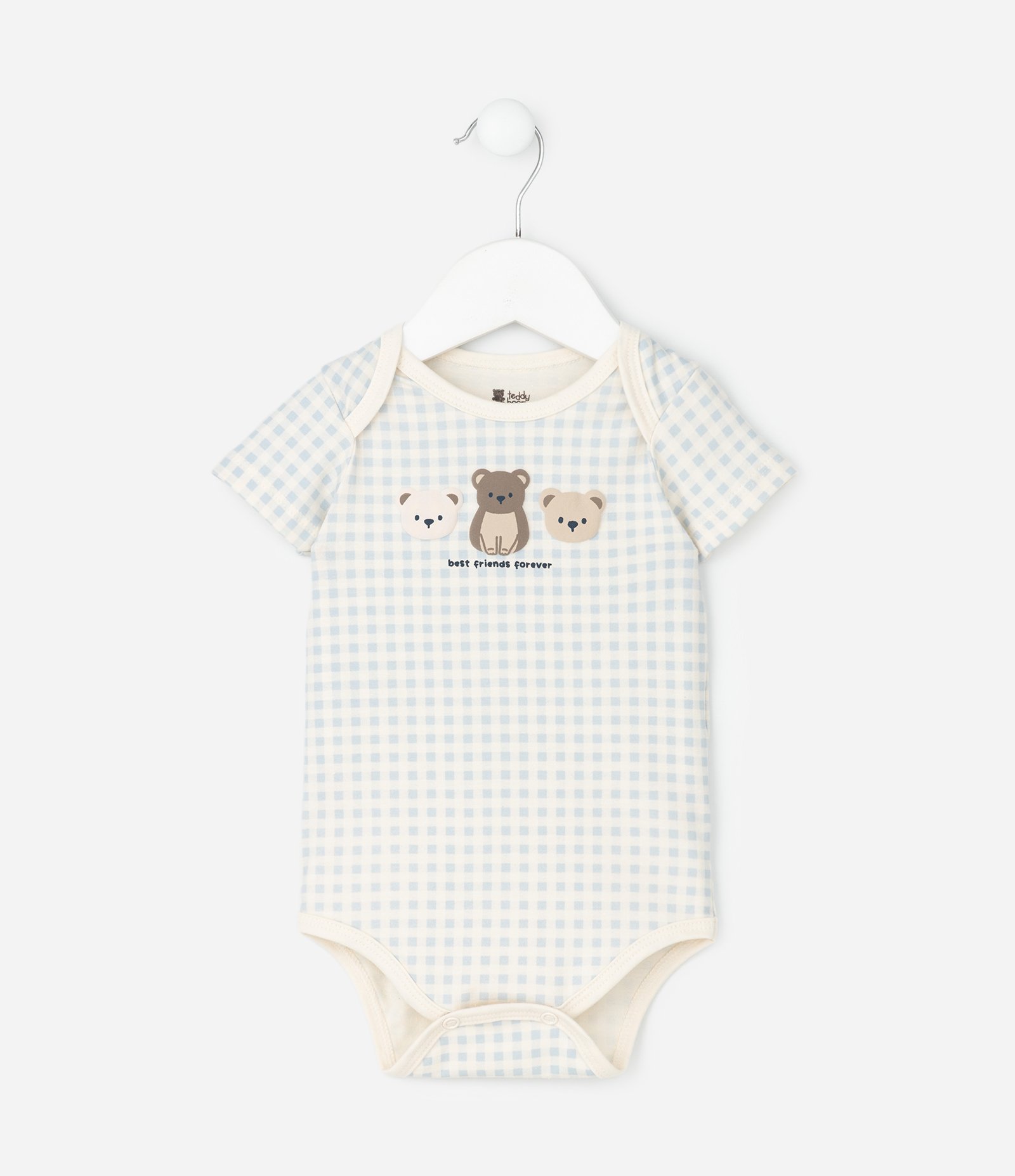 Body Infantil com Estampa Vichy e Ursos em Relevo – Tam RN a 18 Meses Branco/Azul 1