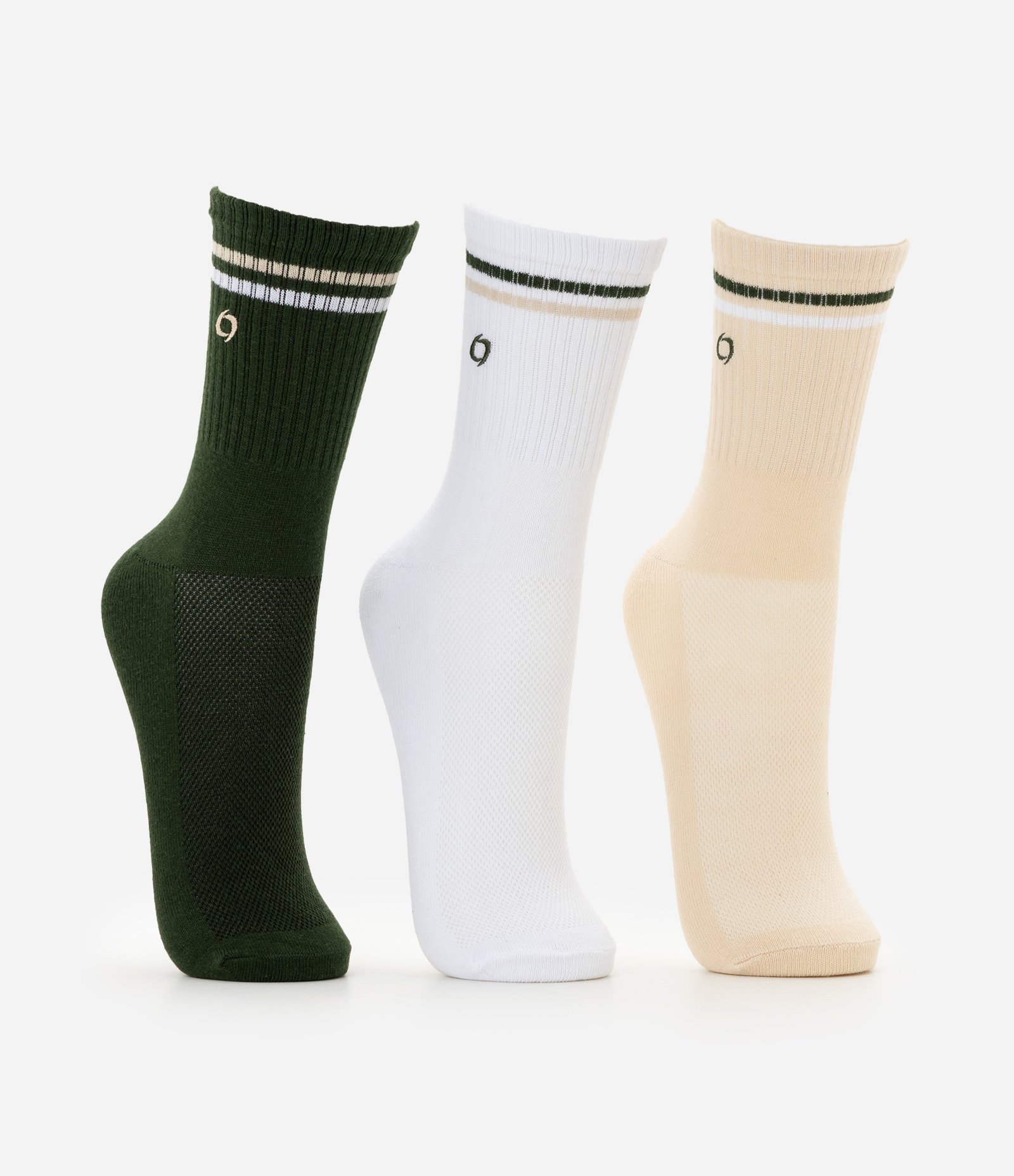 Kit 03 Meias Cano Alto Esportivas em Algodão com Listras Branco/Verde/Bege 1
