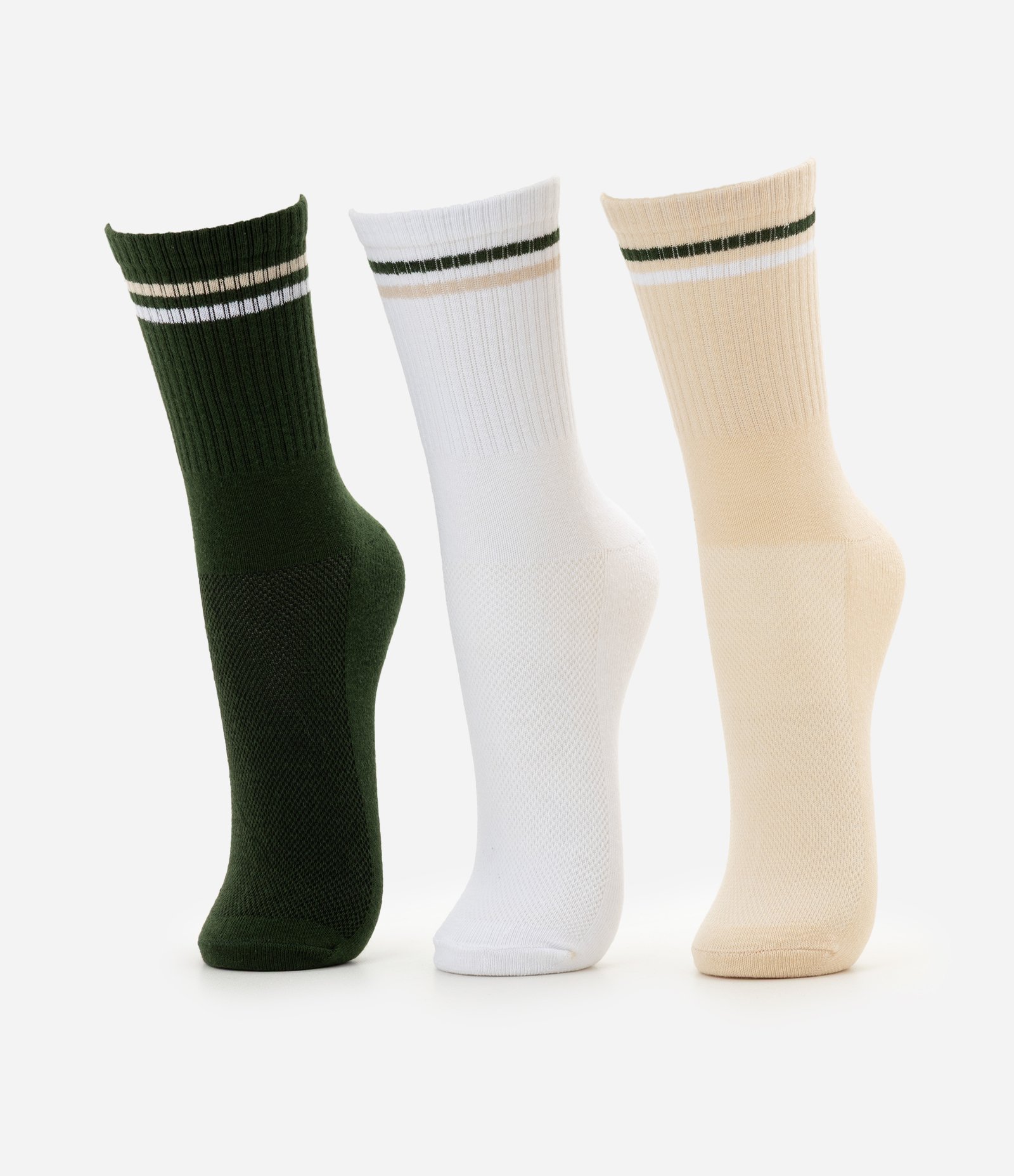 Kit 03 Meias Cano Alto Esportivas em Algodão com Listras Branco/Verde/Bege 2