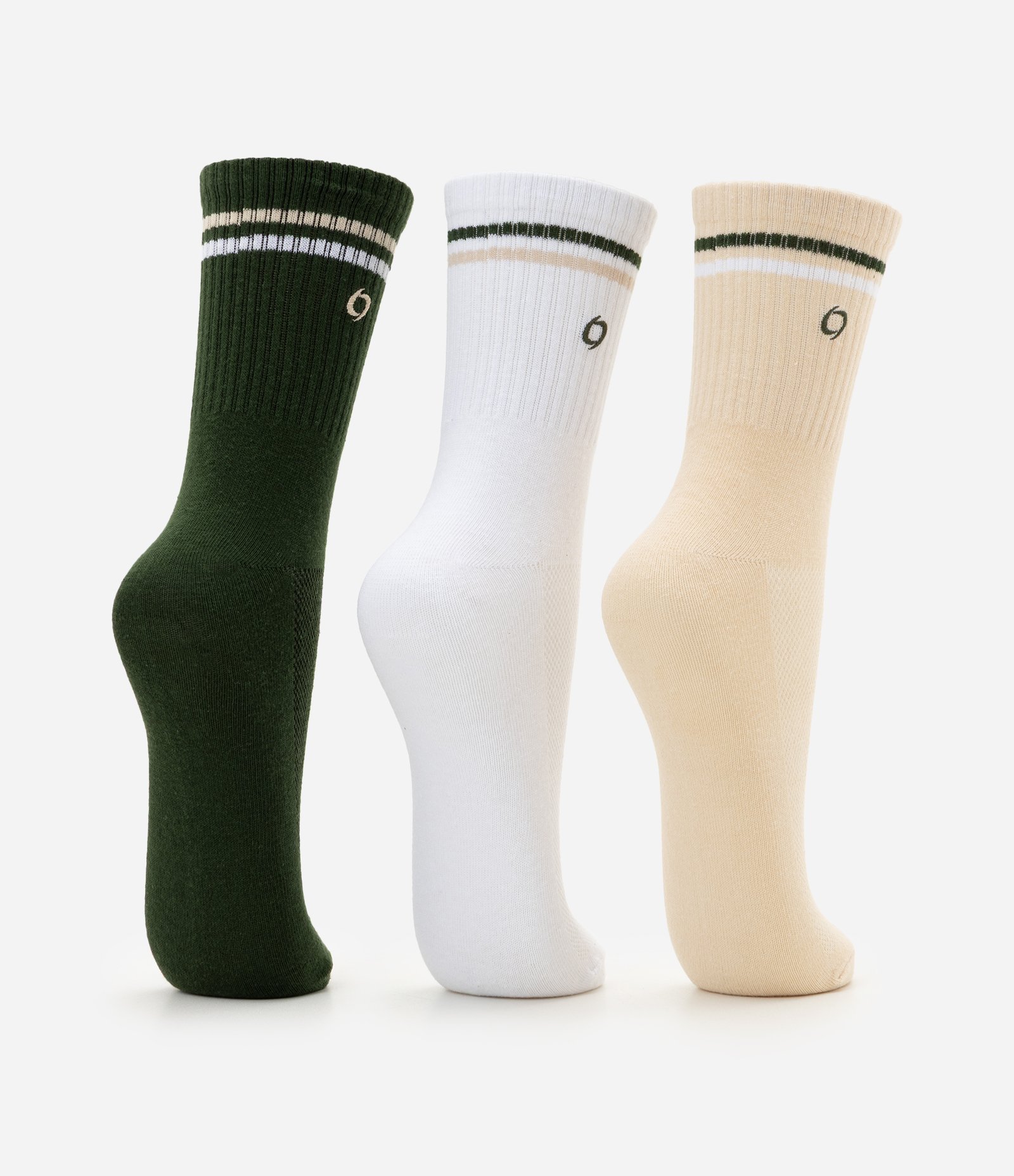 Kit 03 Meias Cano Alto Esportivas em Algodão com Listras Branco/Verde/Bege 3