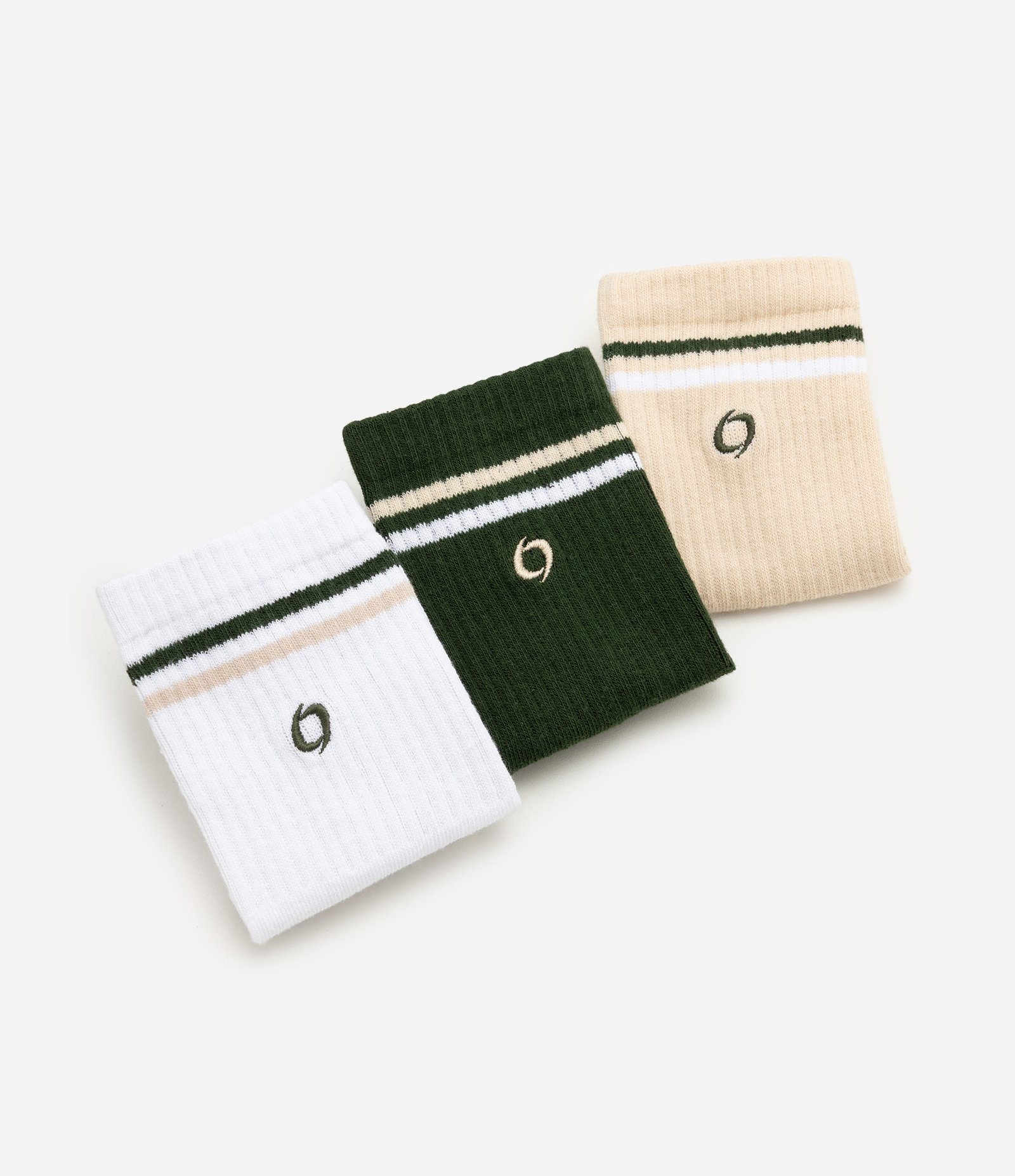Kit 03 Meias Cano Alto Esportivas em Algodão com Listras Branco/Verde/Bege 4