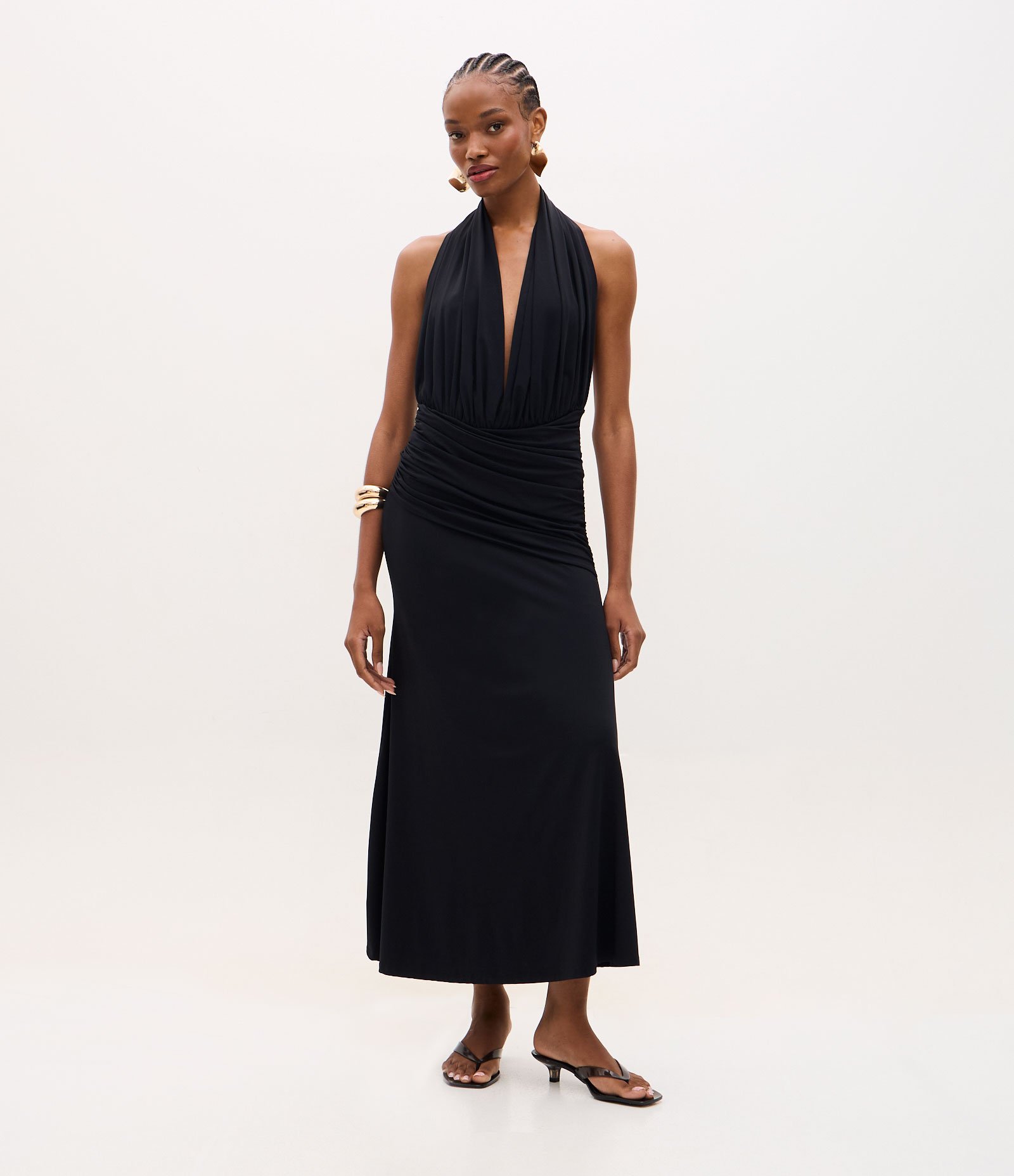 Vestido Midi em Poliamida com Decote V Profundo e Drapeado Preto 1